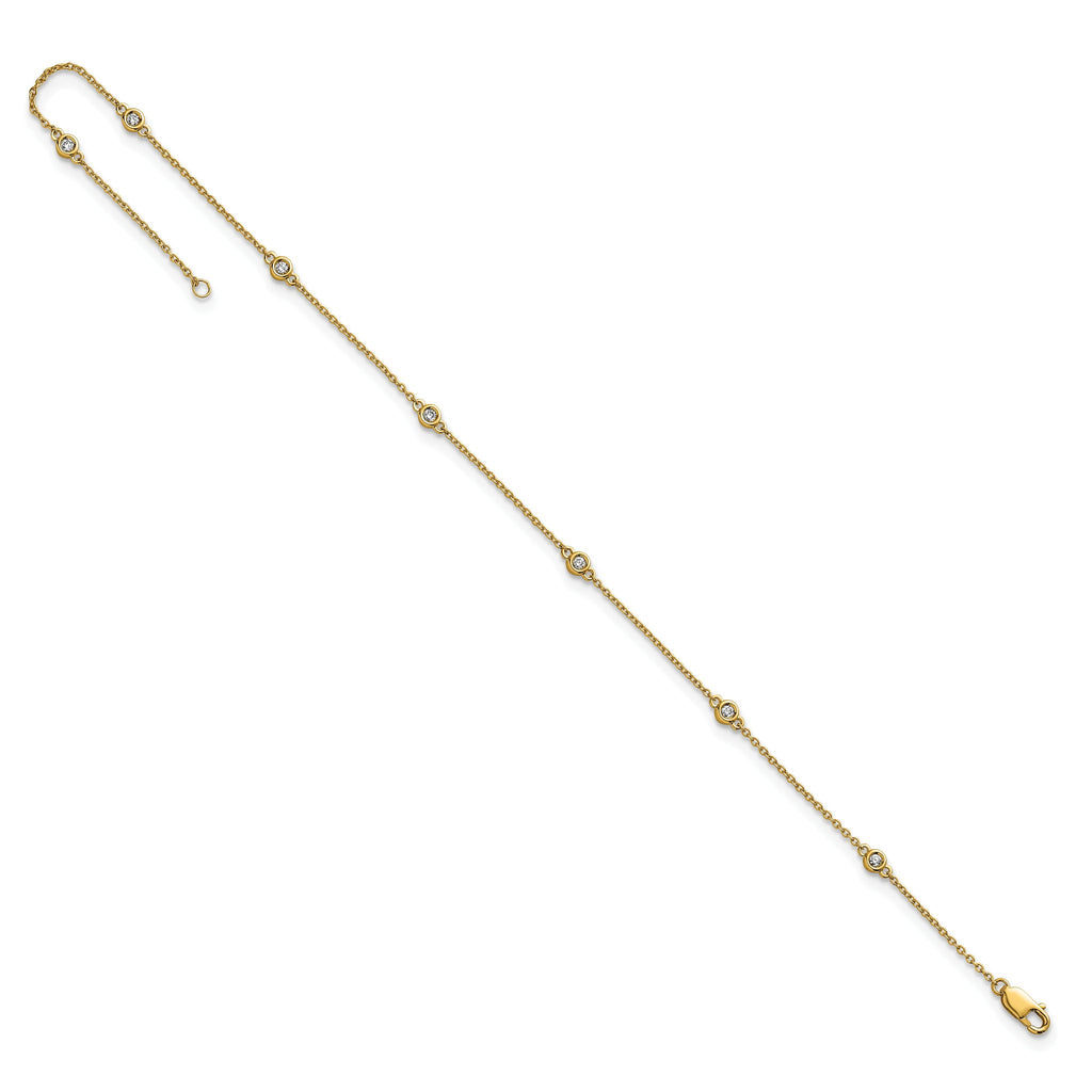 14k Complete 1/6 carat Bezel-set Diamond and Cable Chain 7-Station 9 inch Anklet