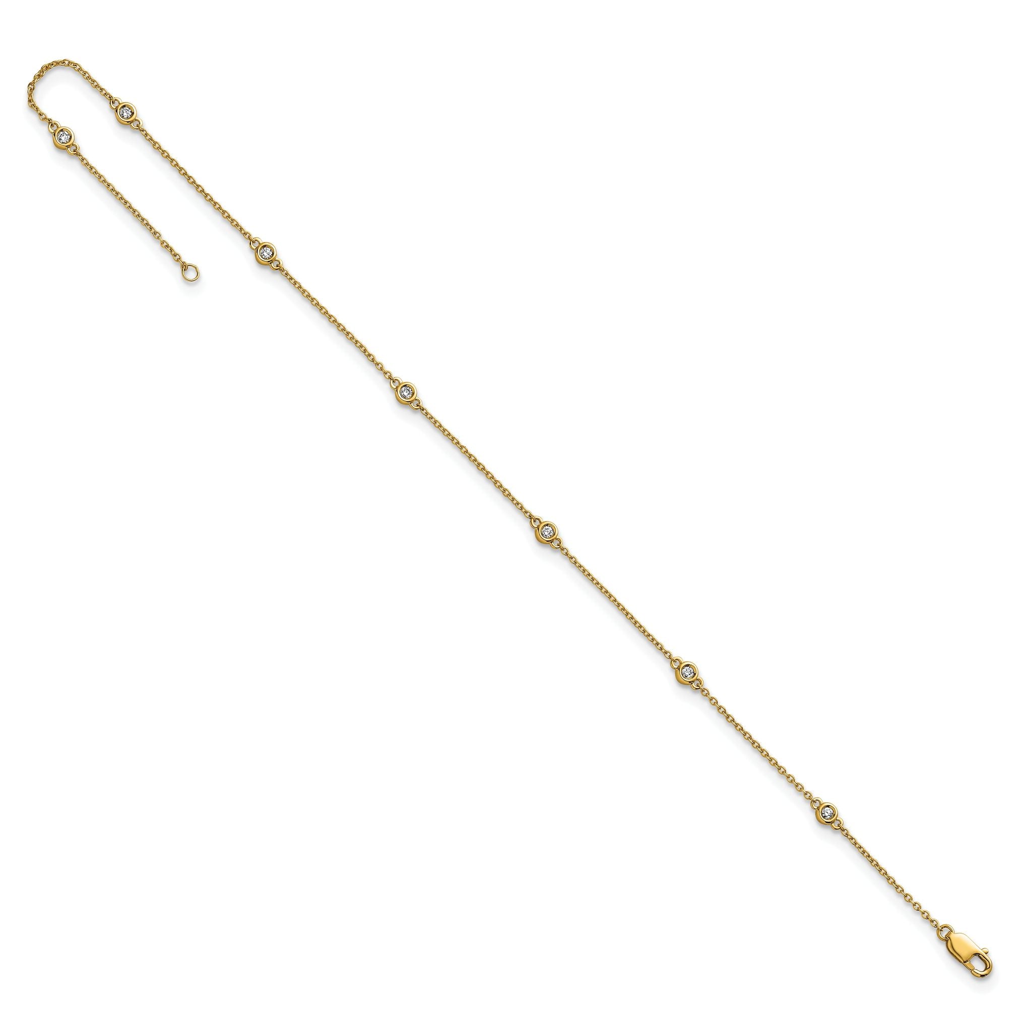 14k Complete 1/6 carat Bezel-set Diamond and Cable Chain 7-Station 9 inch Anklet