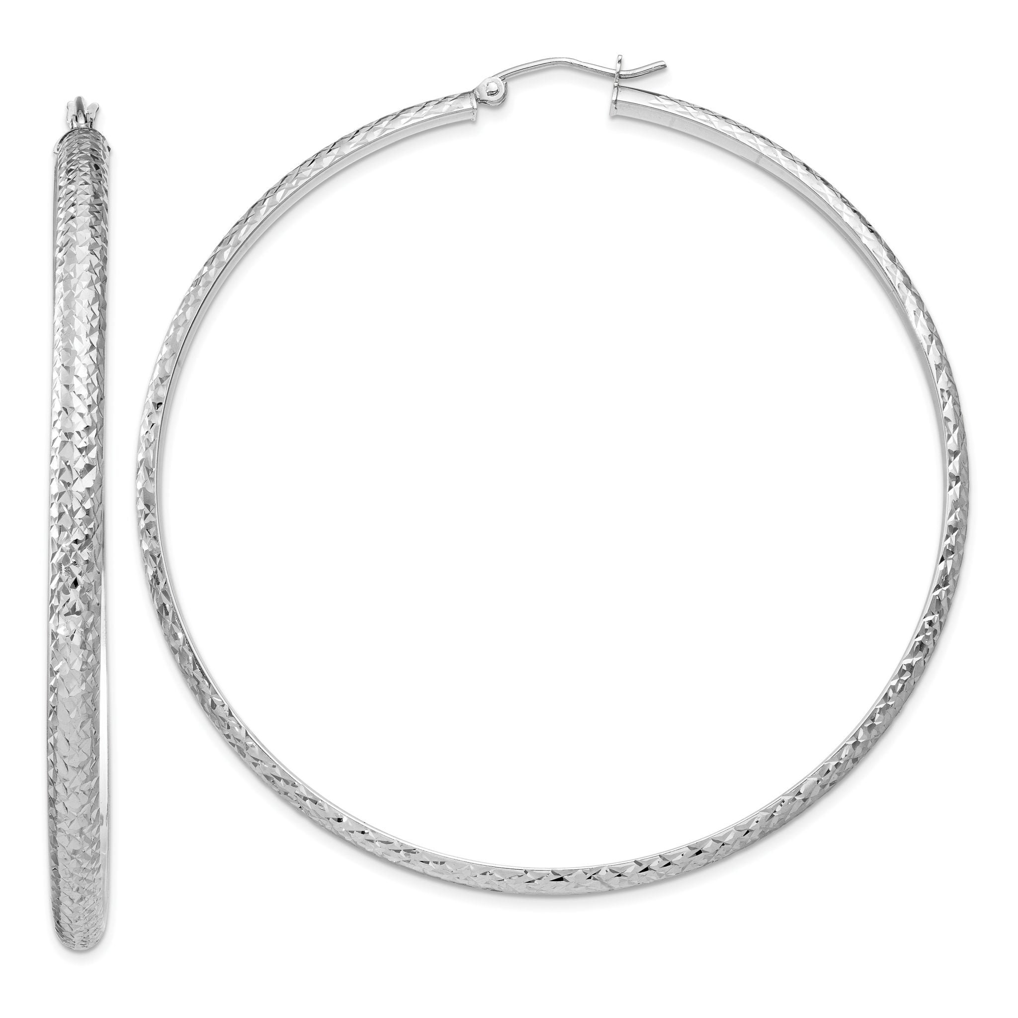 14K White Gold Diamond-cut 3.5x65mm Hollow Hoop Earrings Main image