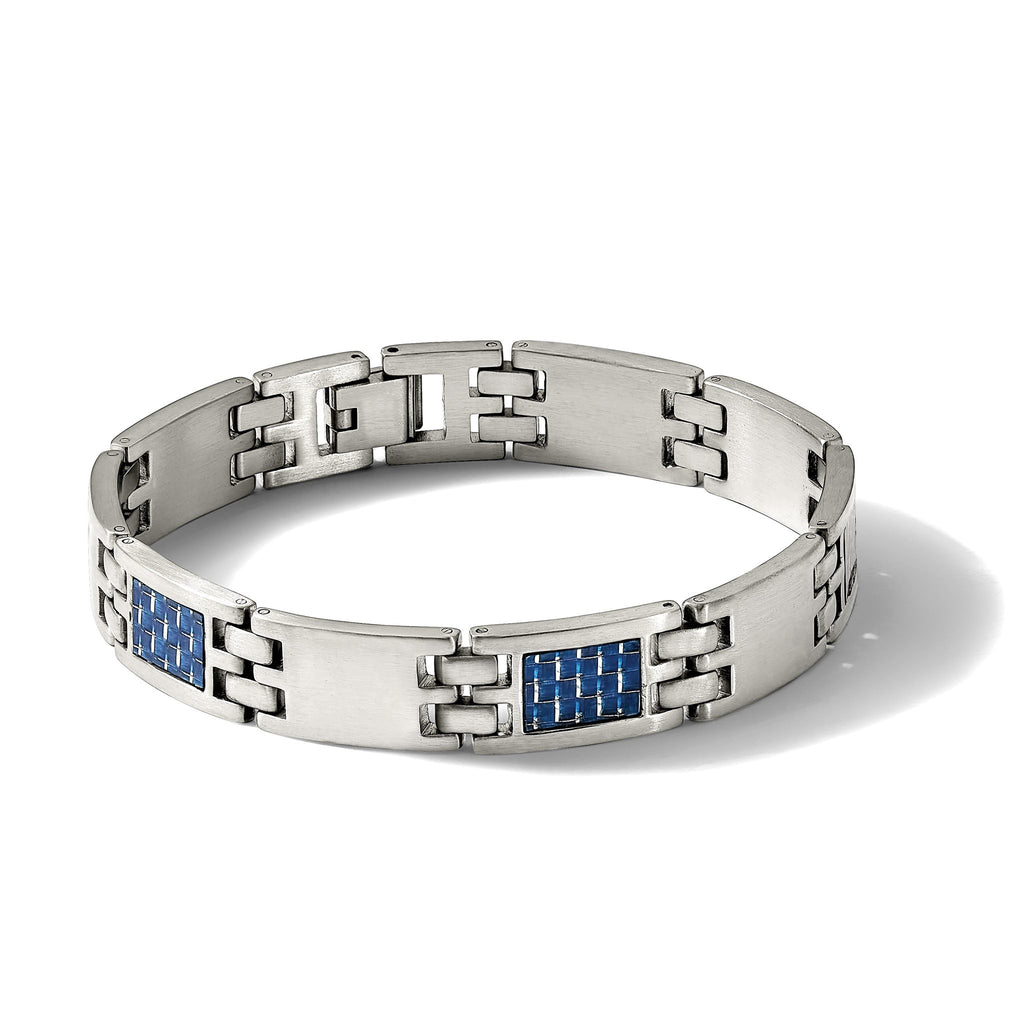 Stainless Steel Brushed with Blue Carbon Fiber Inlay Link Bracelet for Men