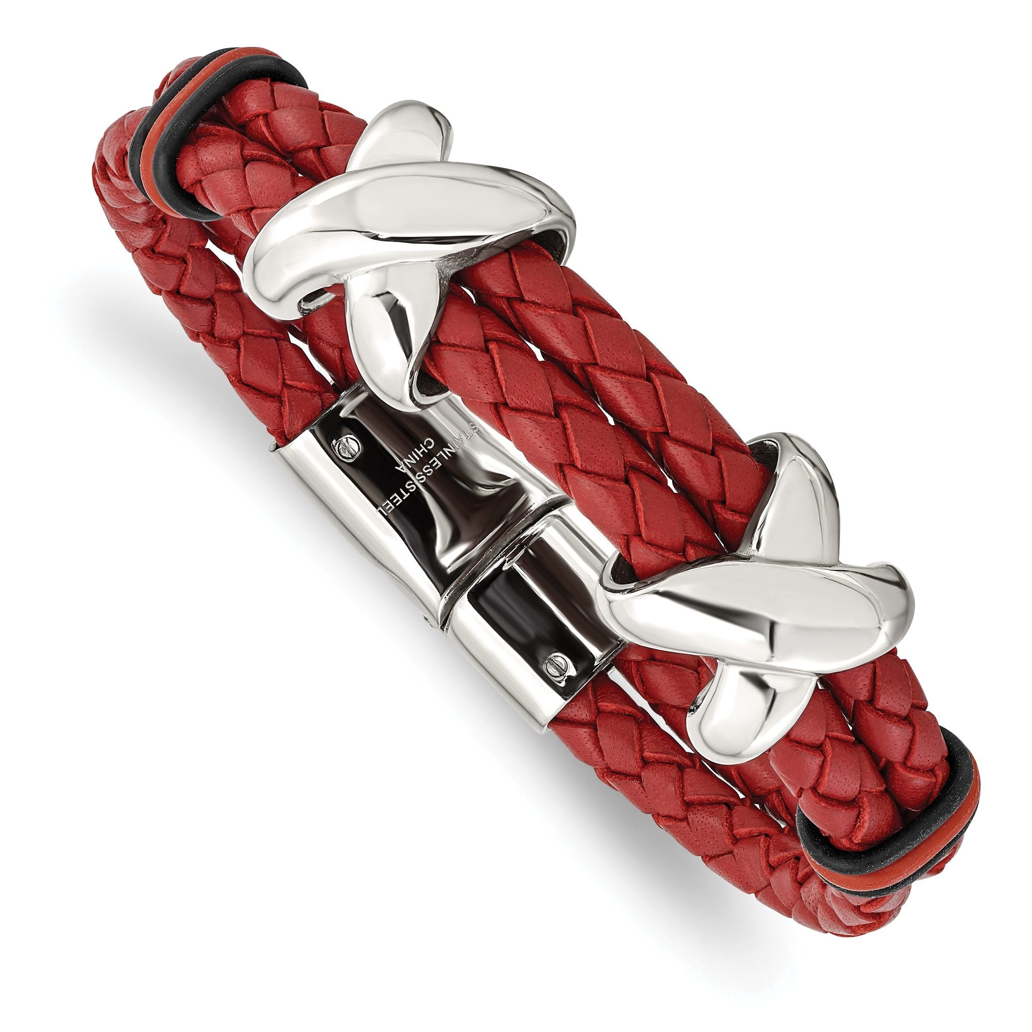 Stainless Steel Polished Red Leather and Black Rubber Bracelet for Men