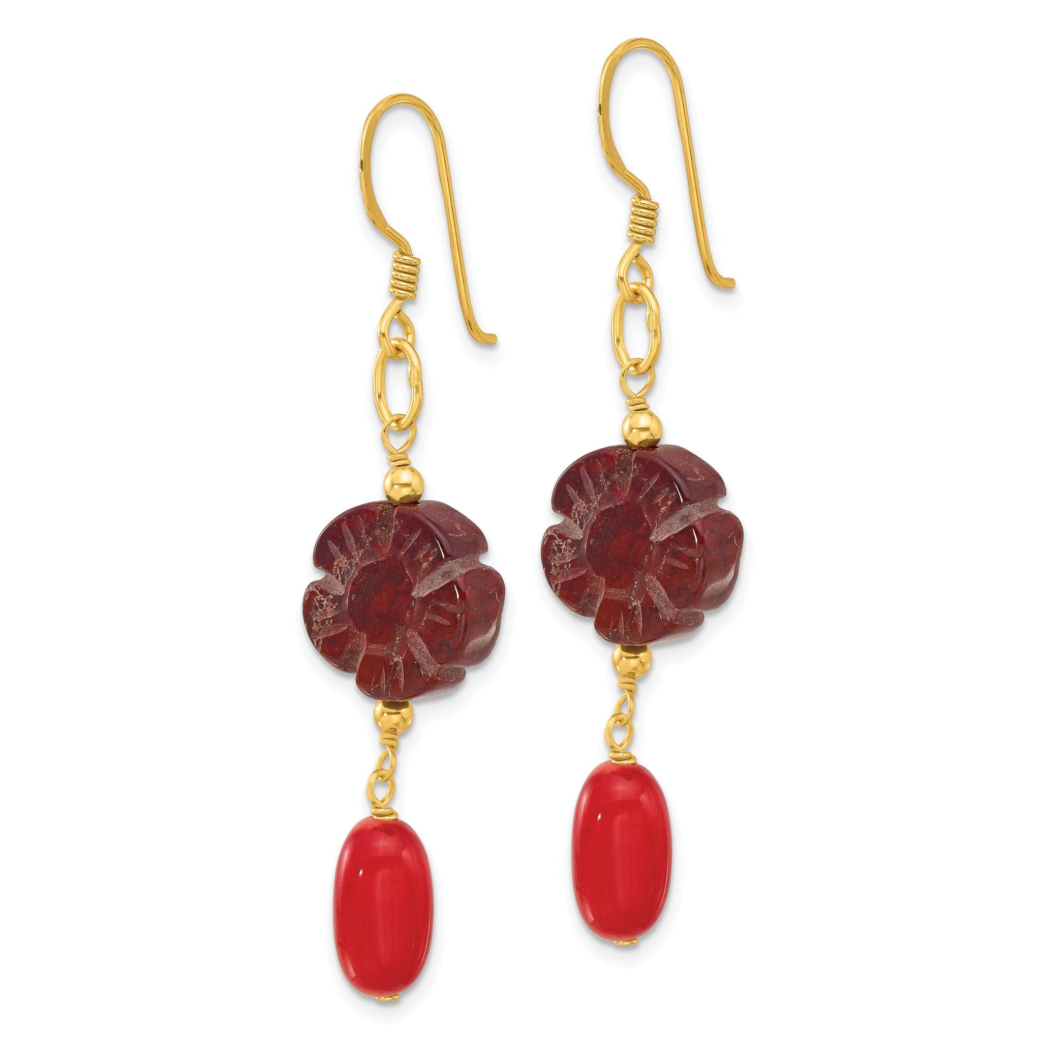 Sterling Silver Gold-plated Coral and Red Jasper Flower Dangle Earrings Secondary image