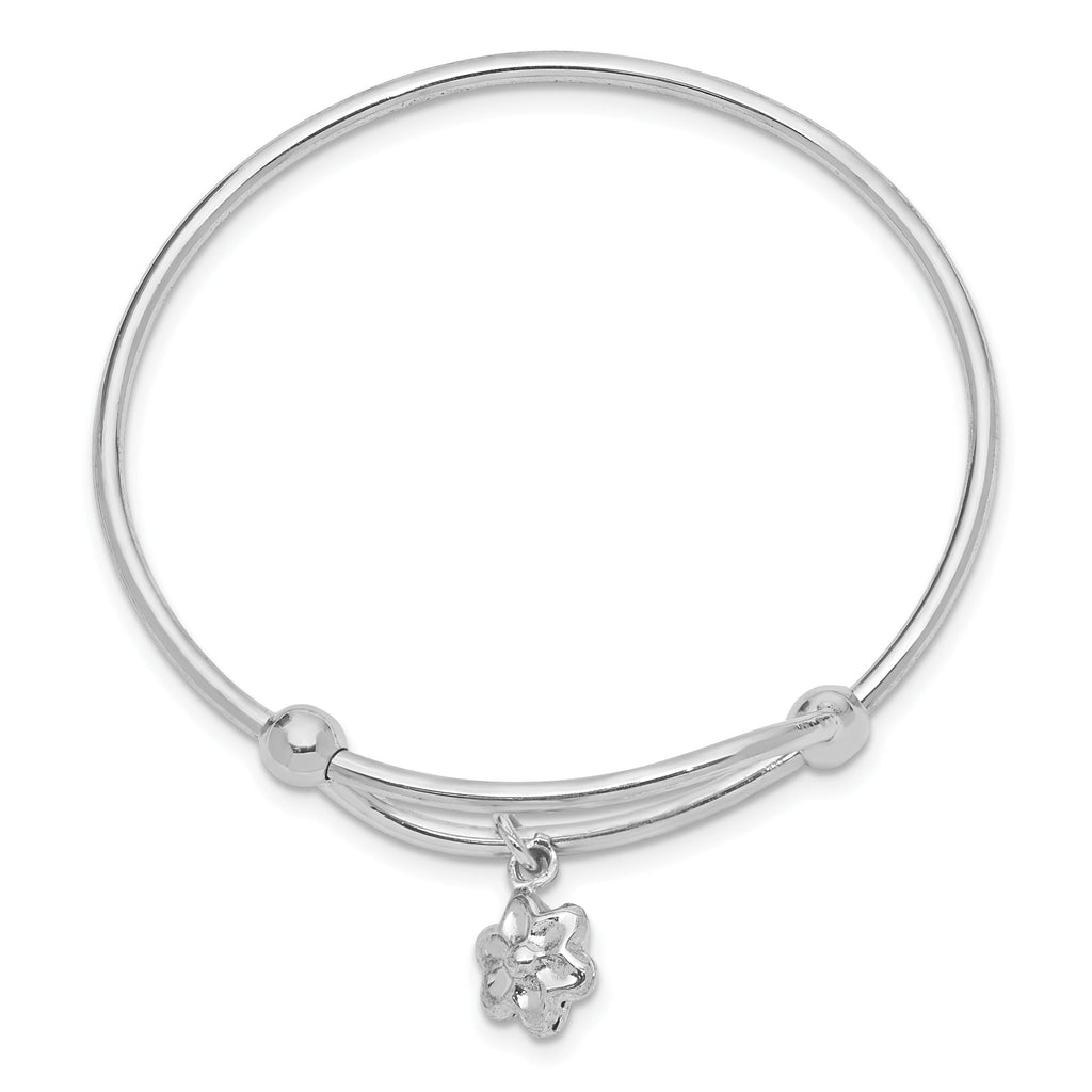 Sterling Silver Adjustable Flower Baby Bangle with Rhodium Finish