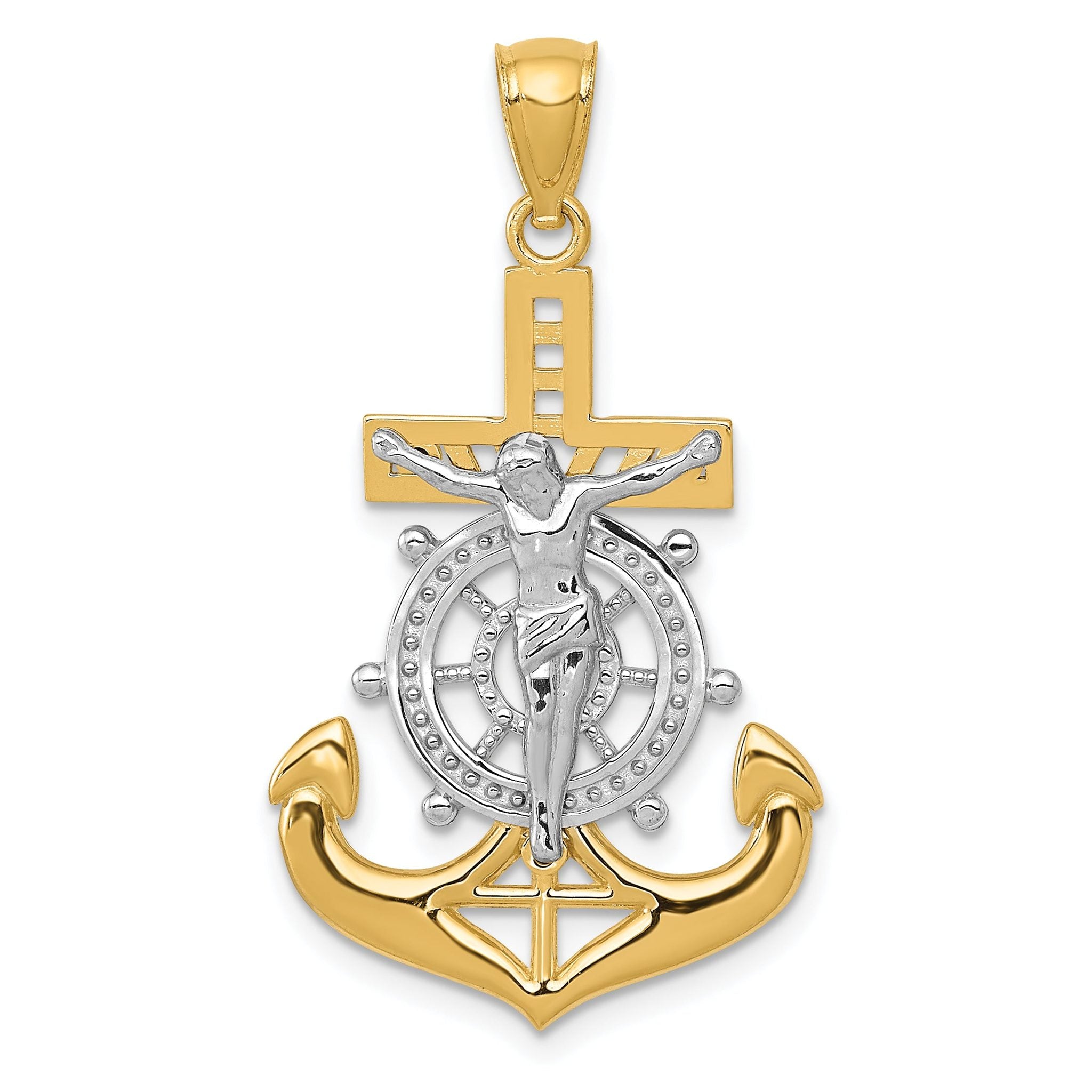 14K Gold Mariners Crucifix Pendant with Rhodium Polished Finish
