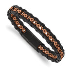 Stainless Steel Antiqued and Polished Rose IP-plated Black Leather Bracelet