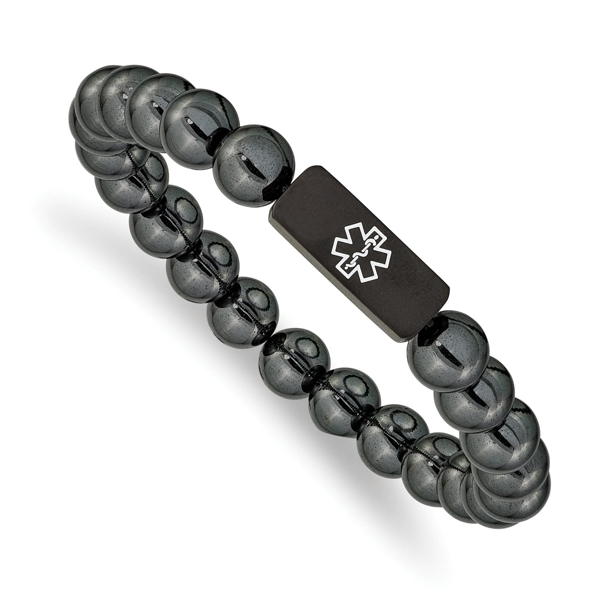 Stainless Steel Brushed Black IP-plated with White Enamel Medical ID 8mm Hematite Beaded Stretch Bracelet Main image
