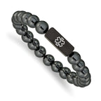 Stainless Steel Brushed Black IP-plated with White Enamel Medical ID 8mm Hematite Beaded Stretch Bracelet