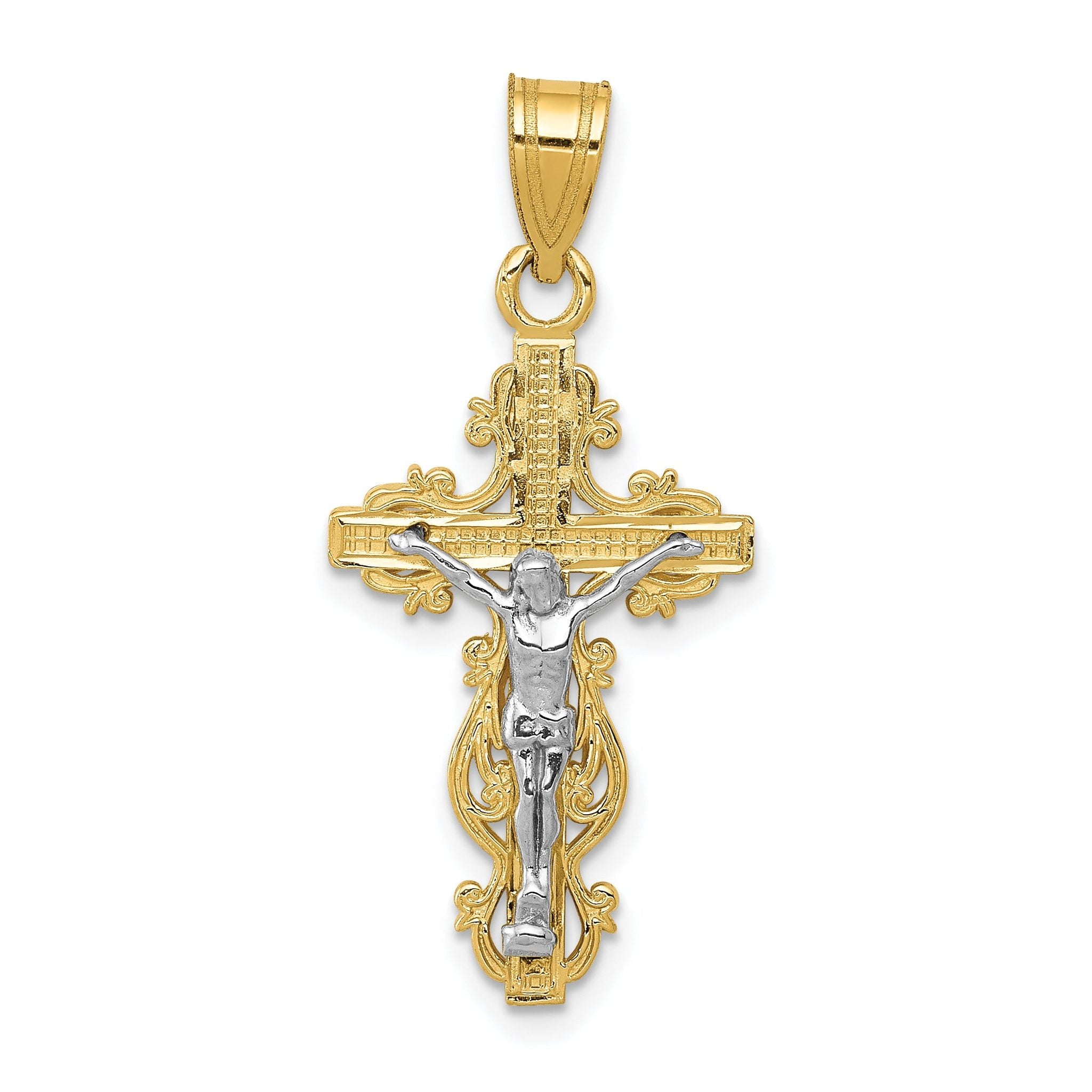 14K Two-Tone Gold Crucifix Pendant Elegant, Small, Narrow Design
