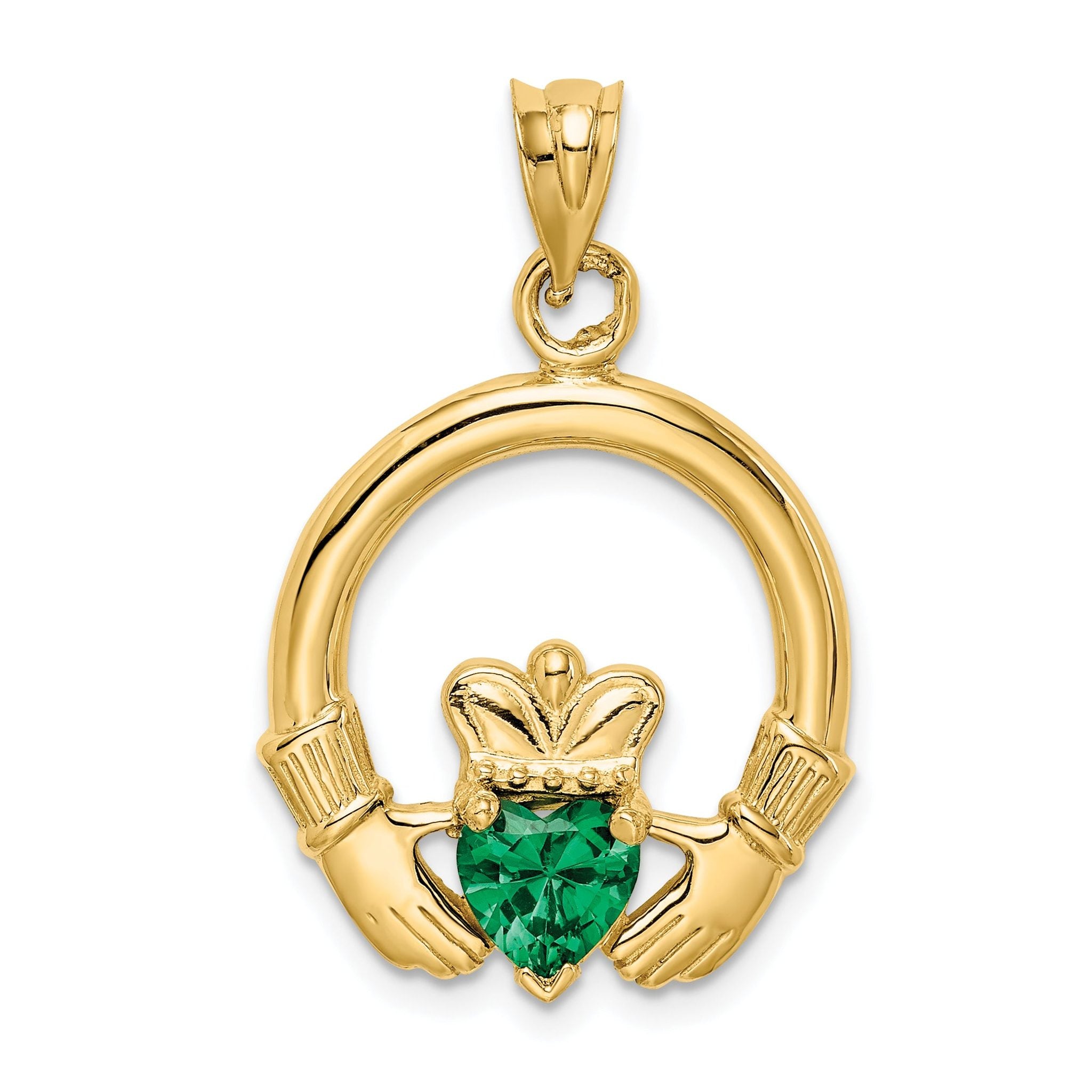 14K Gold Claddagh Pendant with Green Heart CZ Stone, Polished Finish