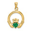 14K Gold Claddagh Pendant with Green Heart CZ Stone, Polished Finish
