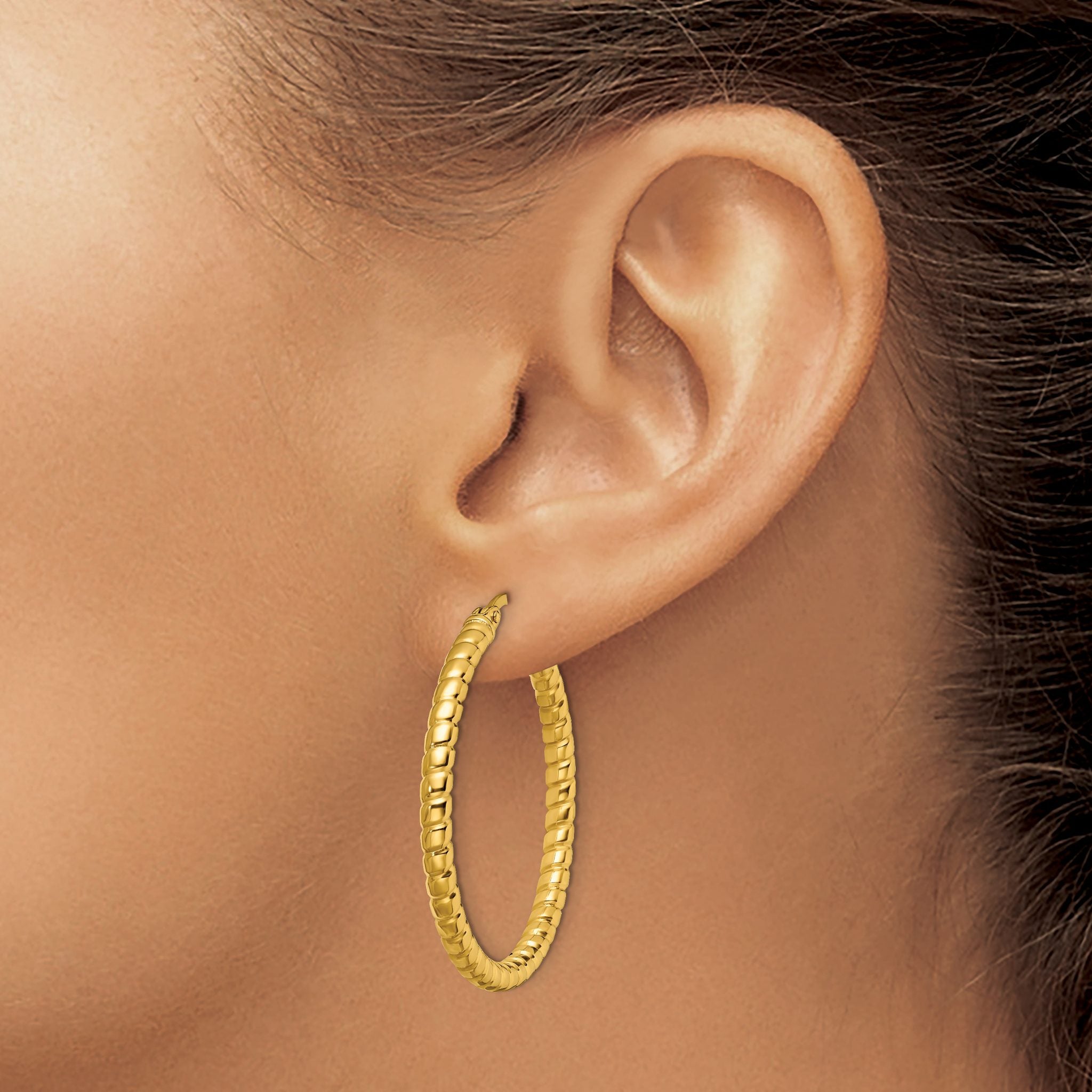 Stainless Steel Gold-Tone Polished Textured Hoop Earrings for Women