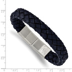 Stainless Steel Brushed Navy Blue Braided Leather Bracelet with . Extension for Men