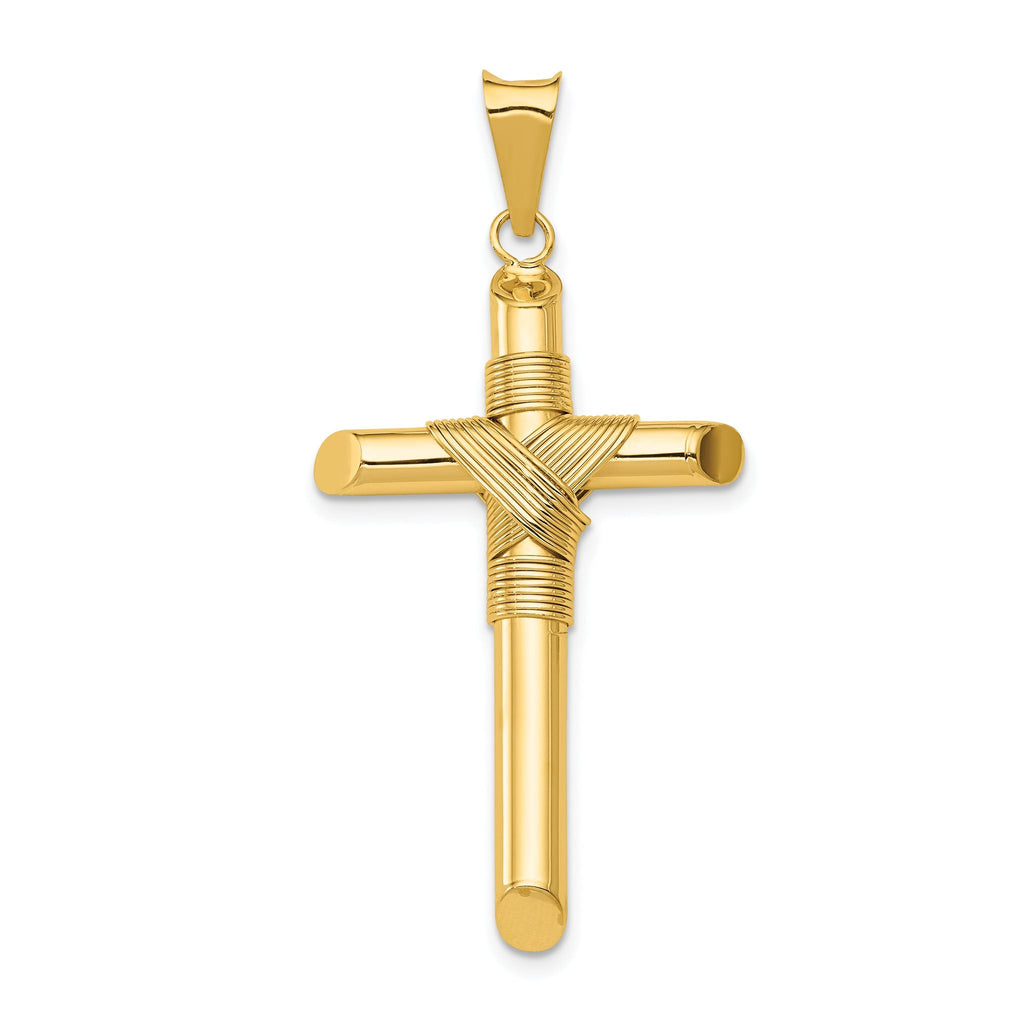 14K Gold Polished Cross Pendant with 3D Center Wrap Design