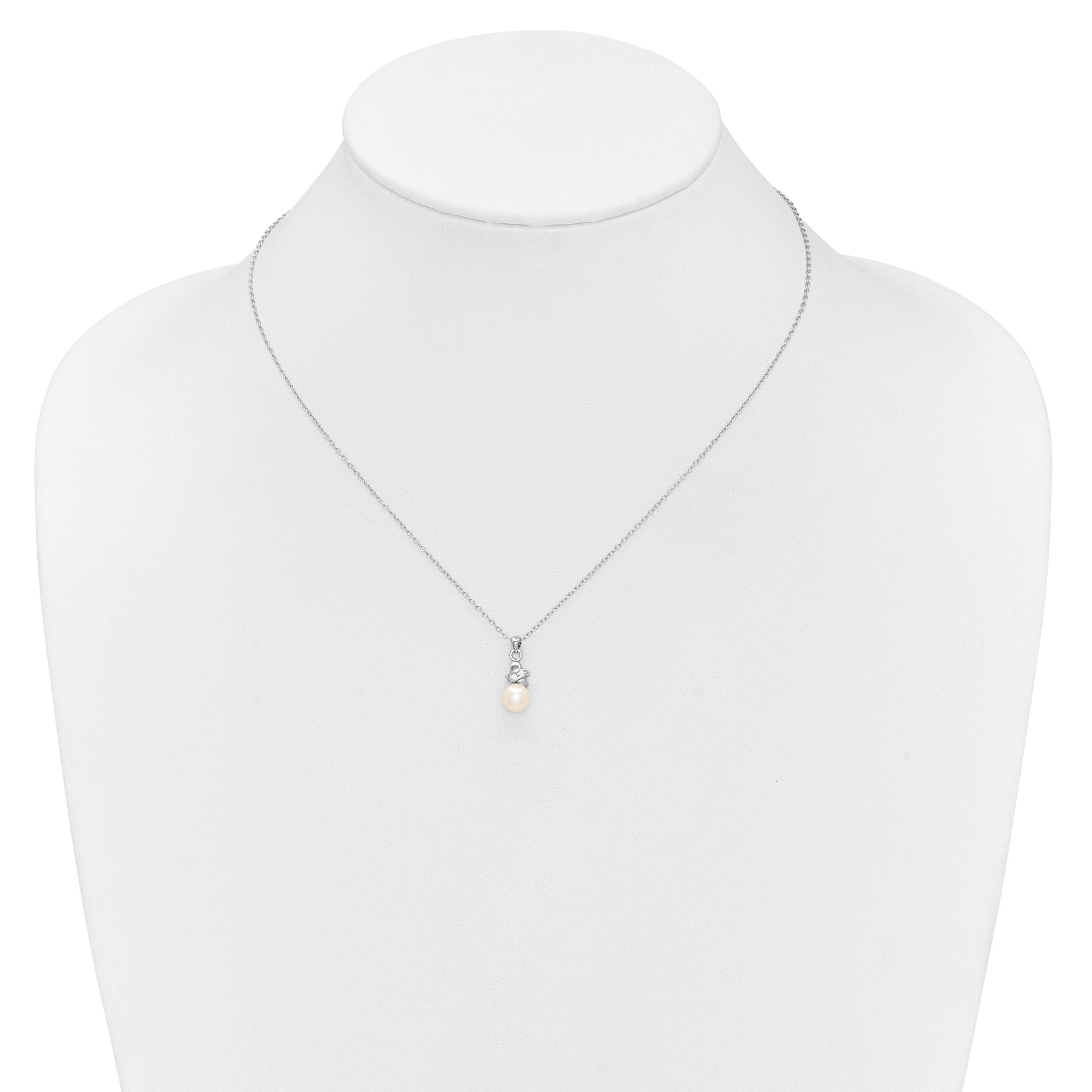Sterling Silver Rhodium-plated 6-7mm White Button Freshwater Cultured Pearl and CZ 17 inch Necklace