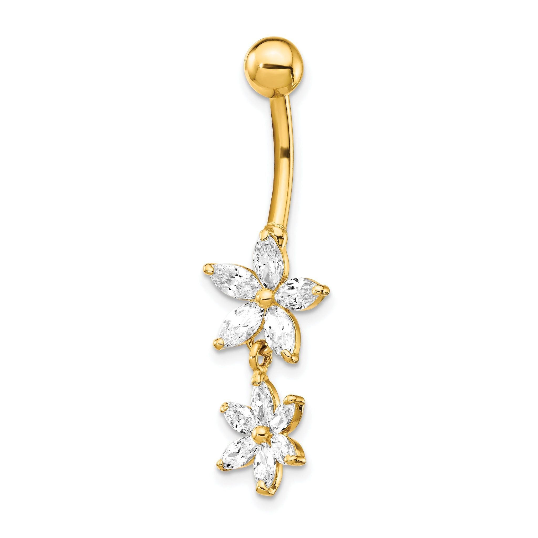 14k 14 Gauge CZ 2-Flower Dangle Belly Ring Main image