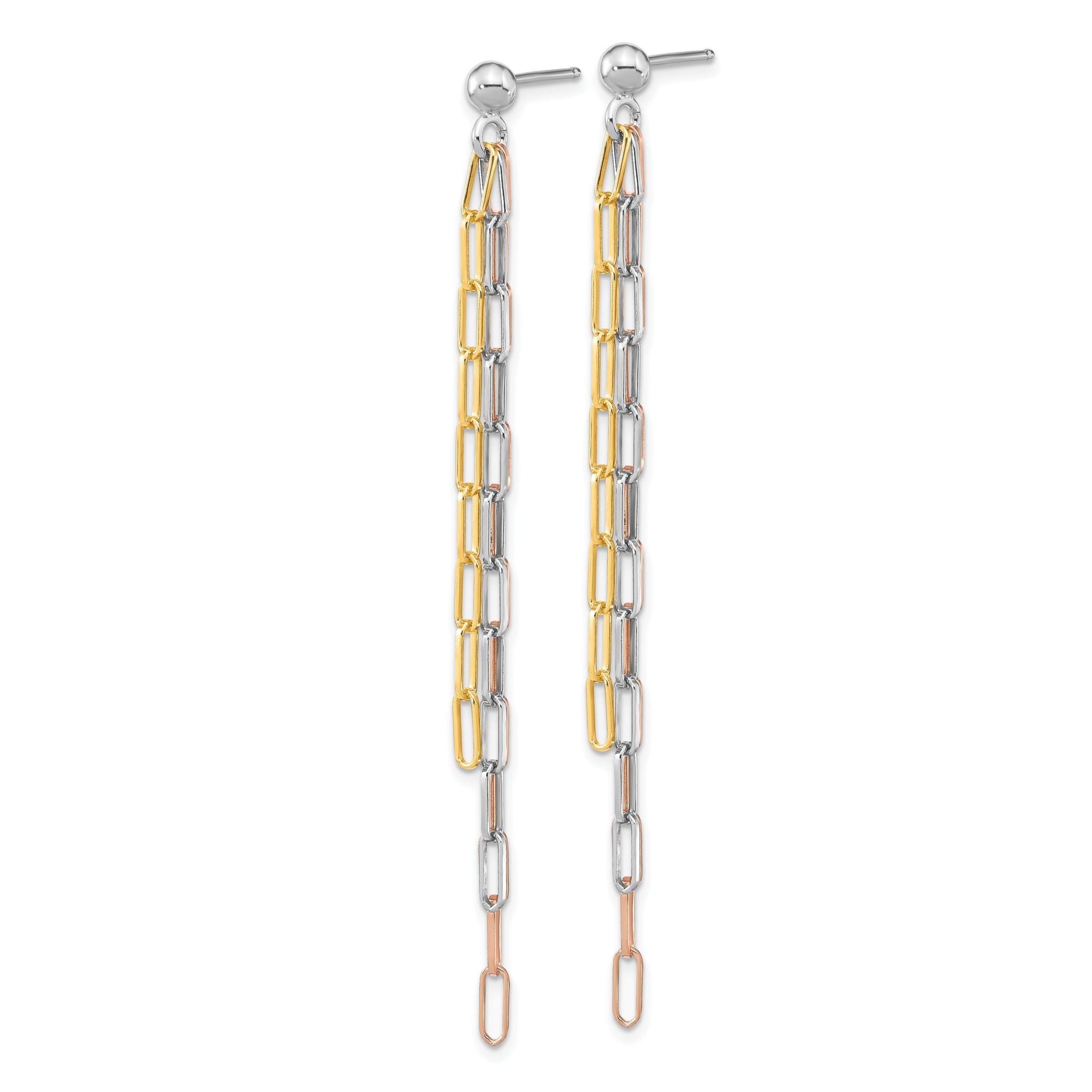 Sterling Silver RH-plate Rose & Yellow-tone Paperclip Link 3-strand Earri