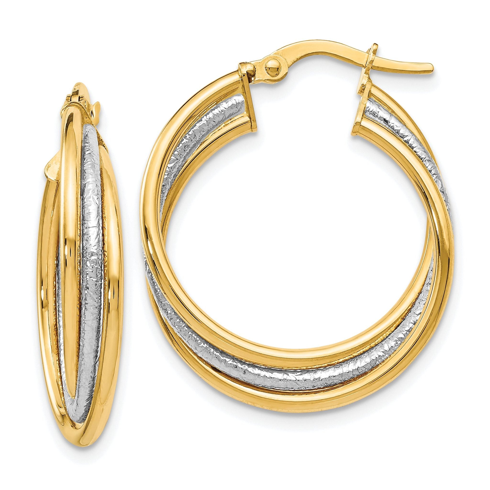 14K Two-Tone Gold Twisted Hoop Earrings with Polished & Textured Finish