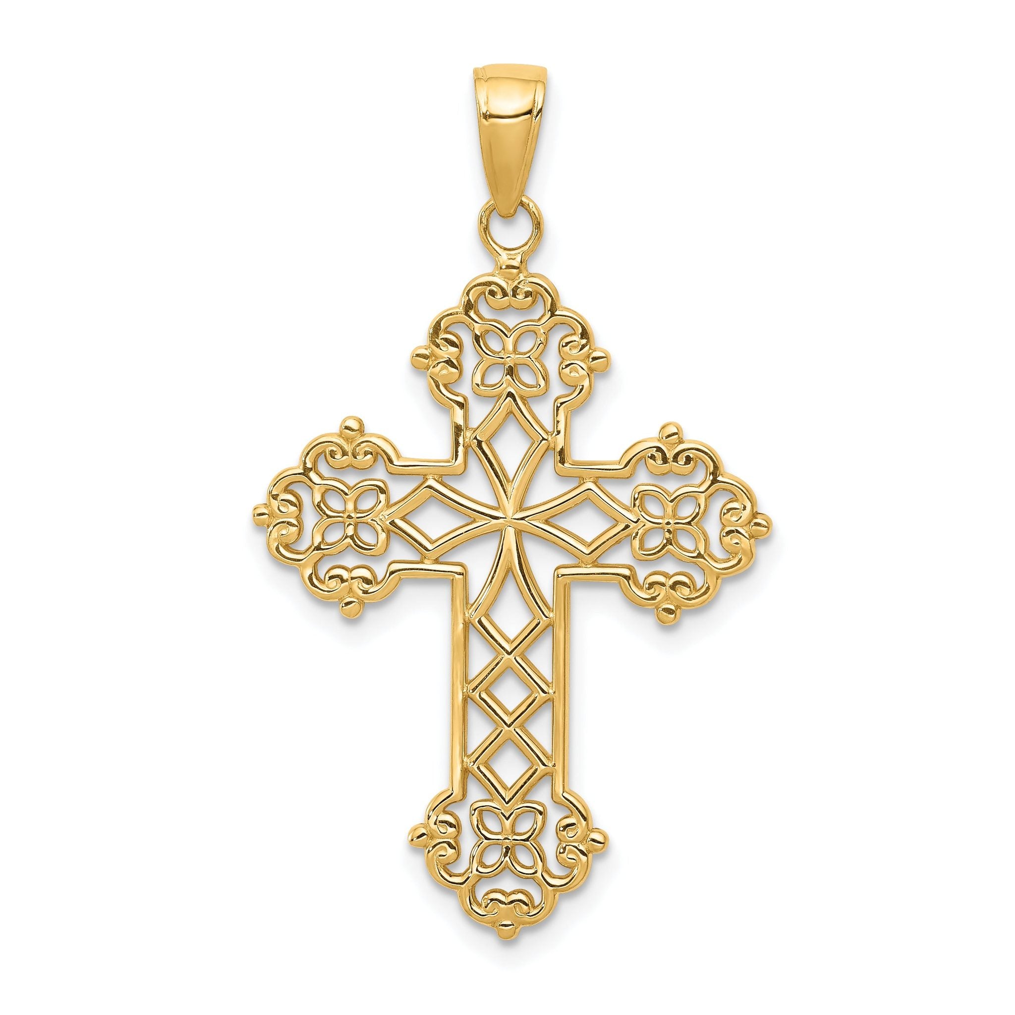 14K Gold Lacey Budded Cross Pendant  Elegant Casted Design Main image