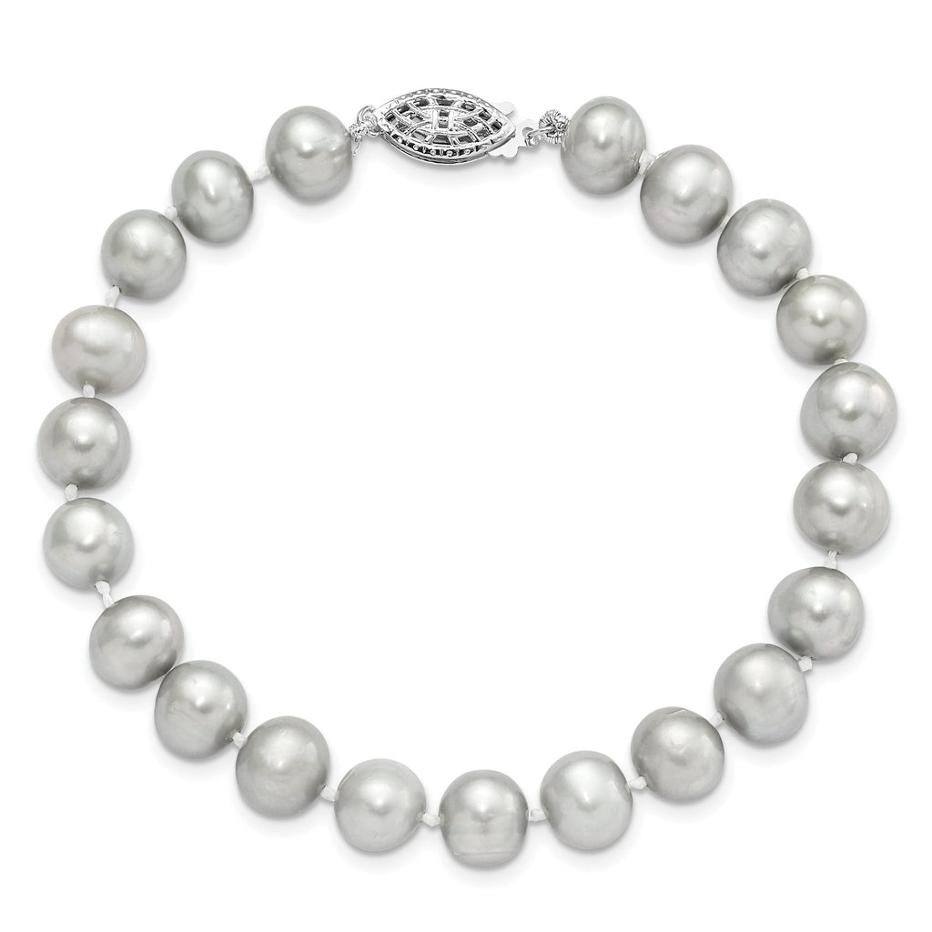 Sterling Silver Rhodium-plated 7-8mm Grey Near-Round Freshwater Cultured Pearl 7.25 inch Bracelet