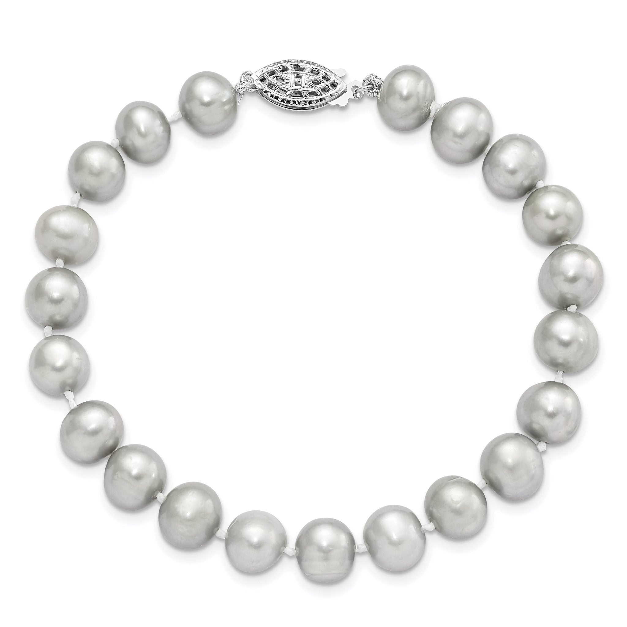 Sterling Silver Rhodium-plated 7-8mm Grey Near-Round Freshwater Cultured Pearl 7.25 inch Bracelet