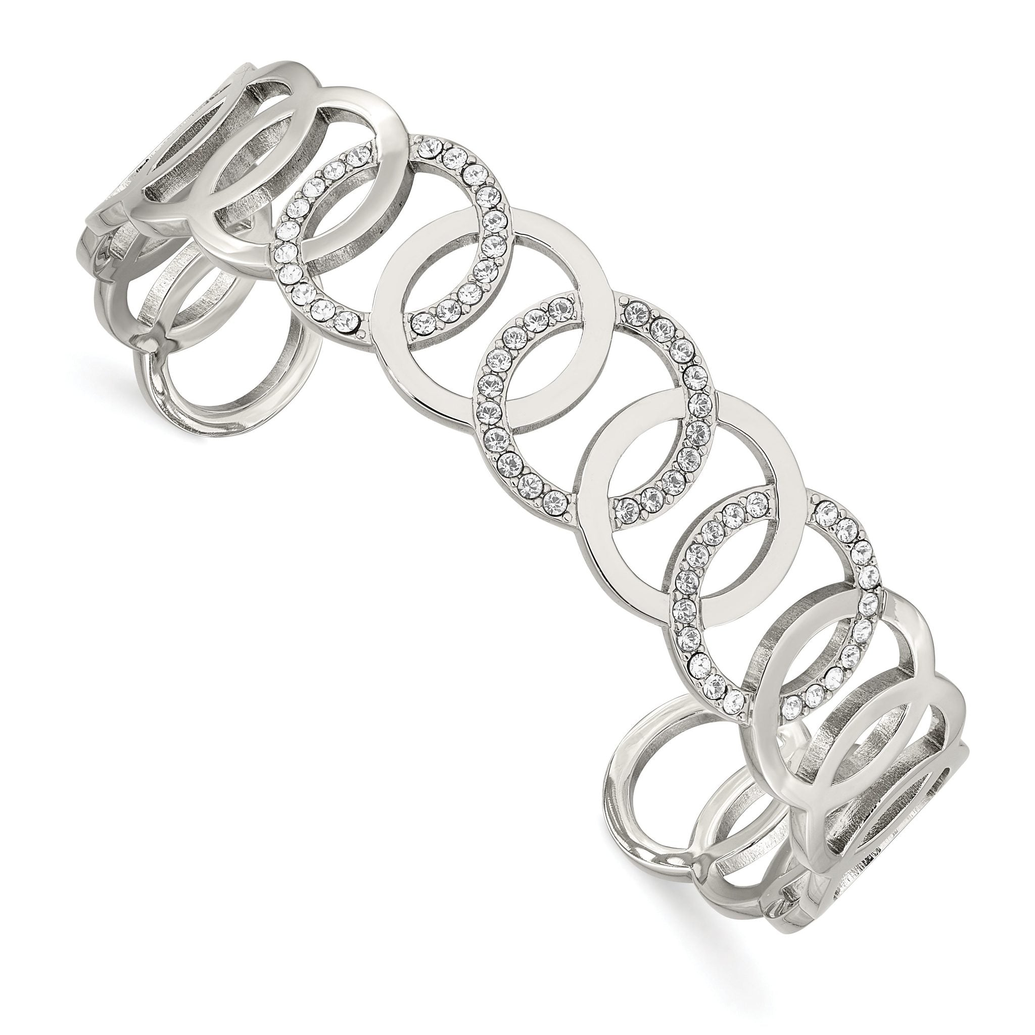 Stainless Steel Polished with Crystals 14.5mm Circles Cuff Bangle Bracelet for Women