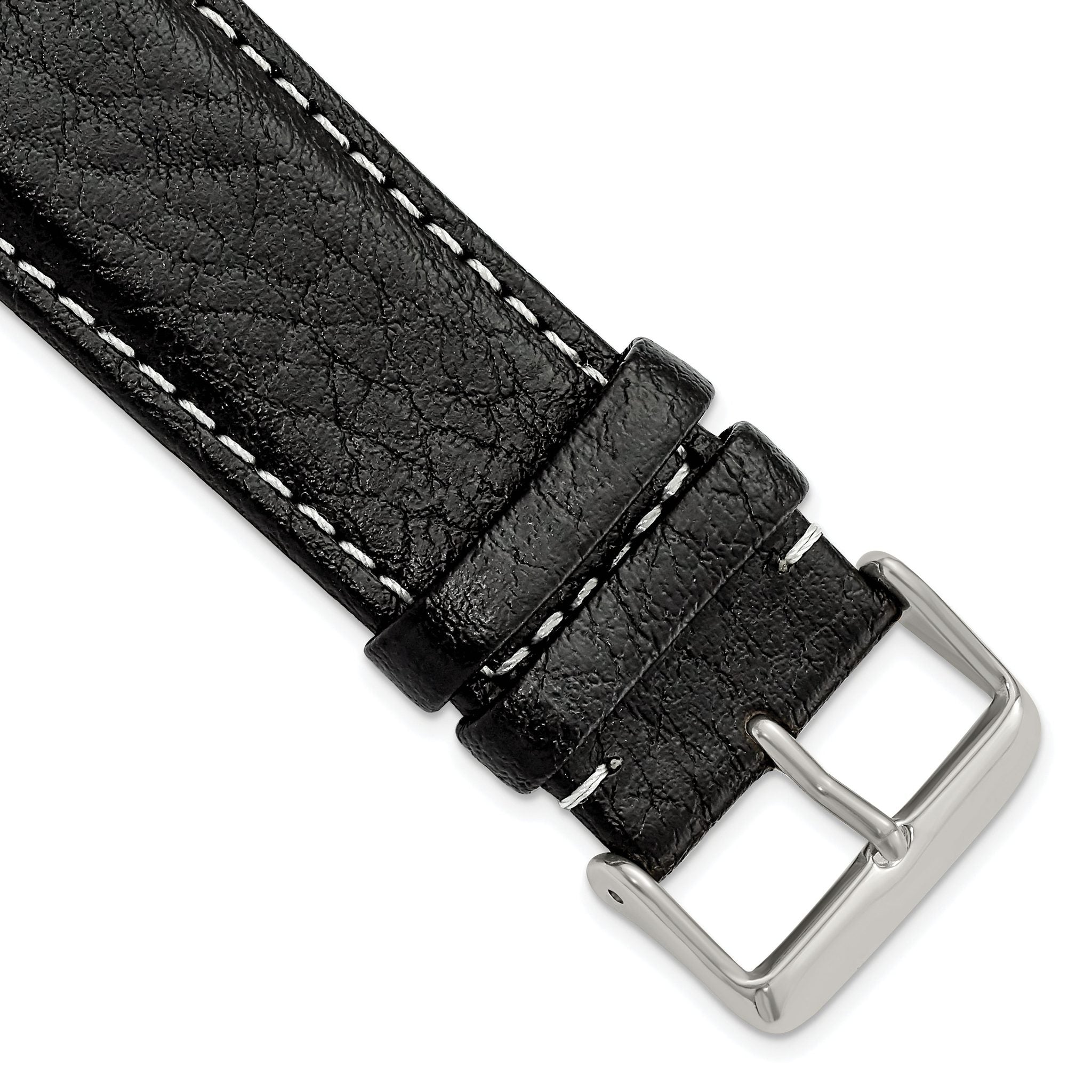 Black Sport Watch Band in Leather with White Stitching, 16mm