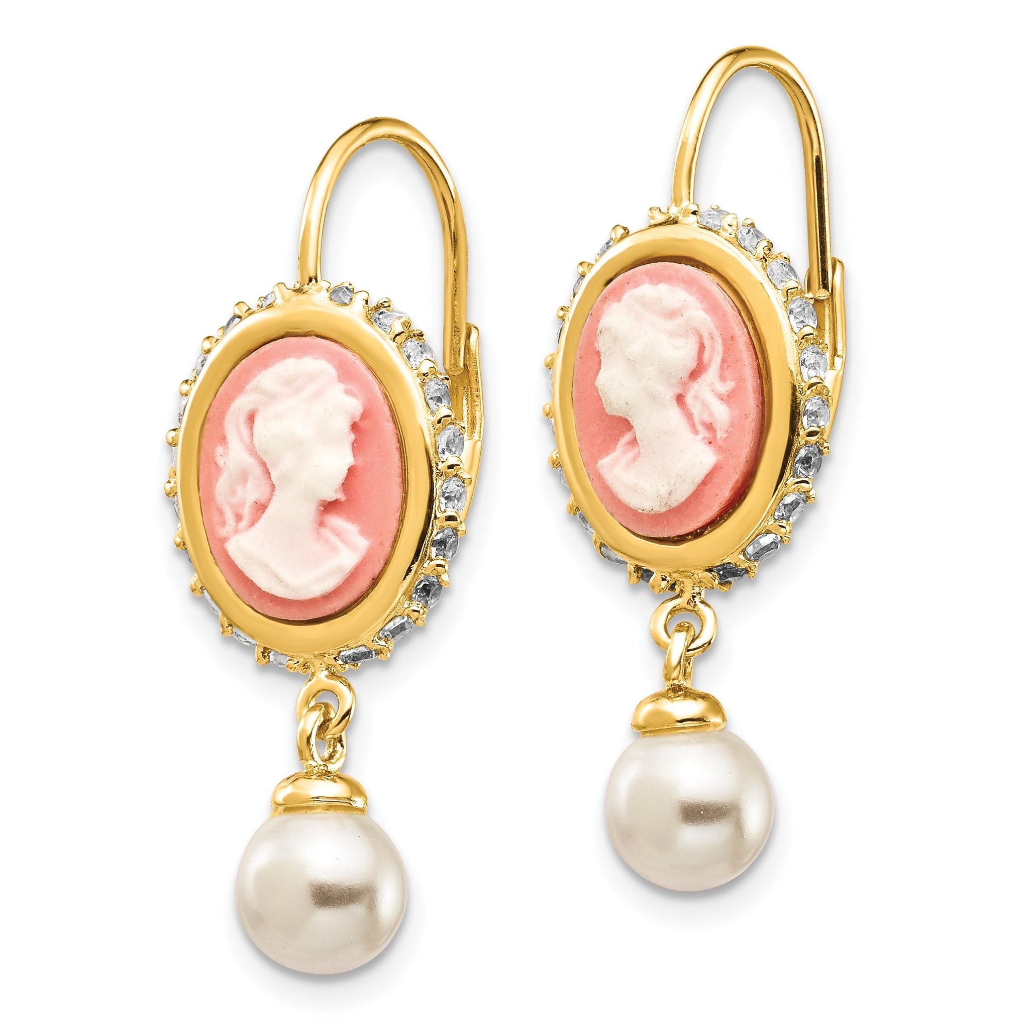 Cheryl M Sterling Silver Gold-plated Glass Pearl Brilliant-cut CZ & Resin Cameo Leverback Dangle Earrings Secondary image