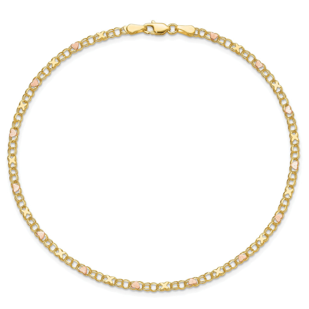 14k Polished and Satin Rose-plated X-and-Heart 10 inch Anklet