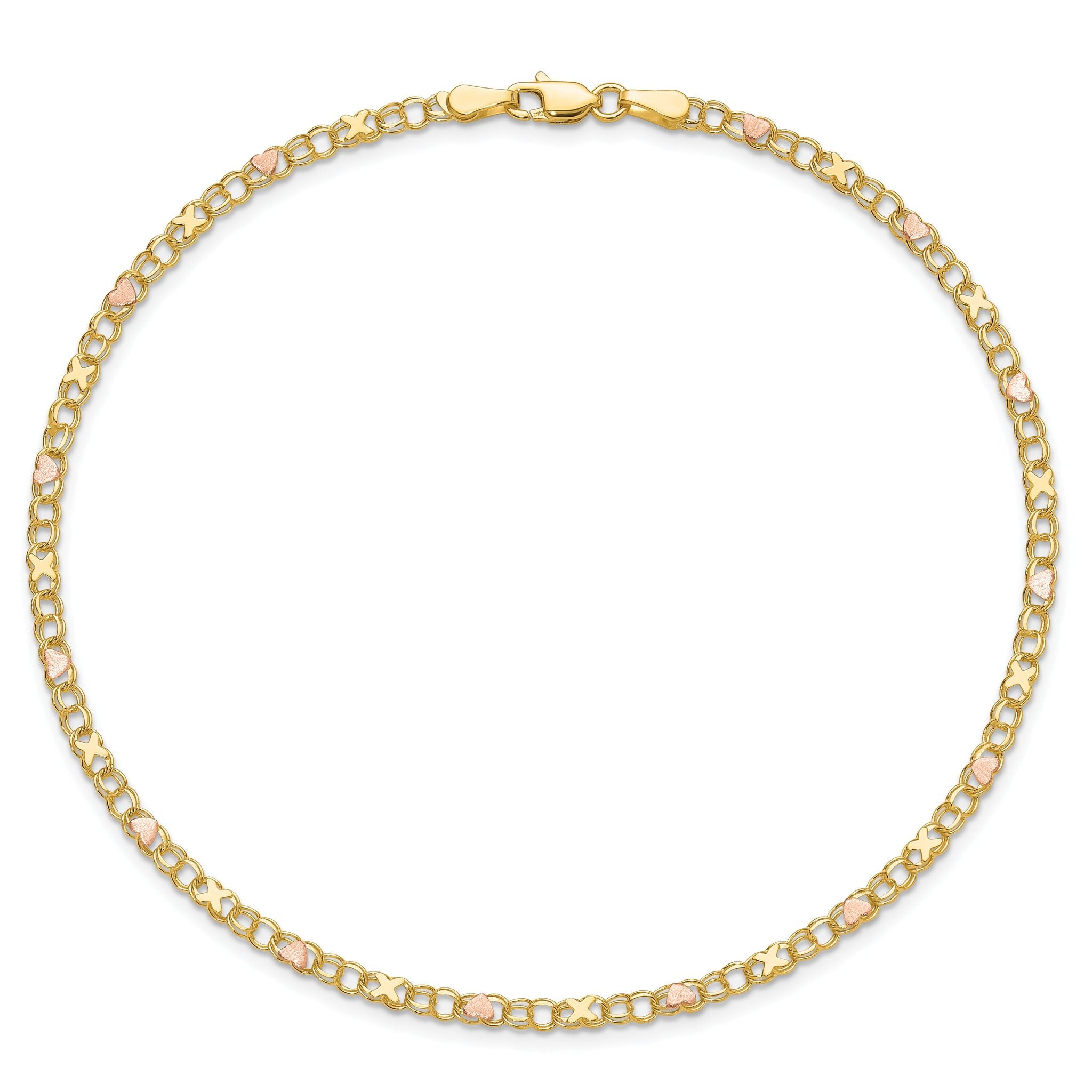 14k Polished and Satin Rose-plated X-and-Heart 10 inch Anklet