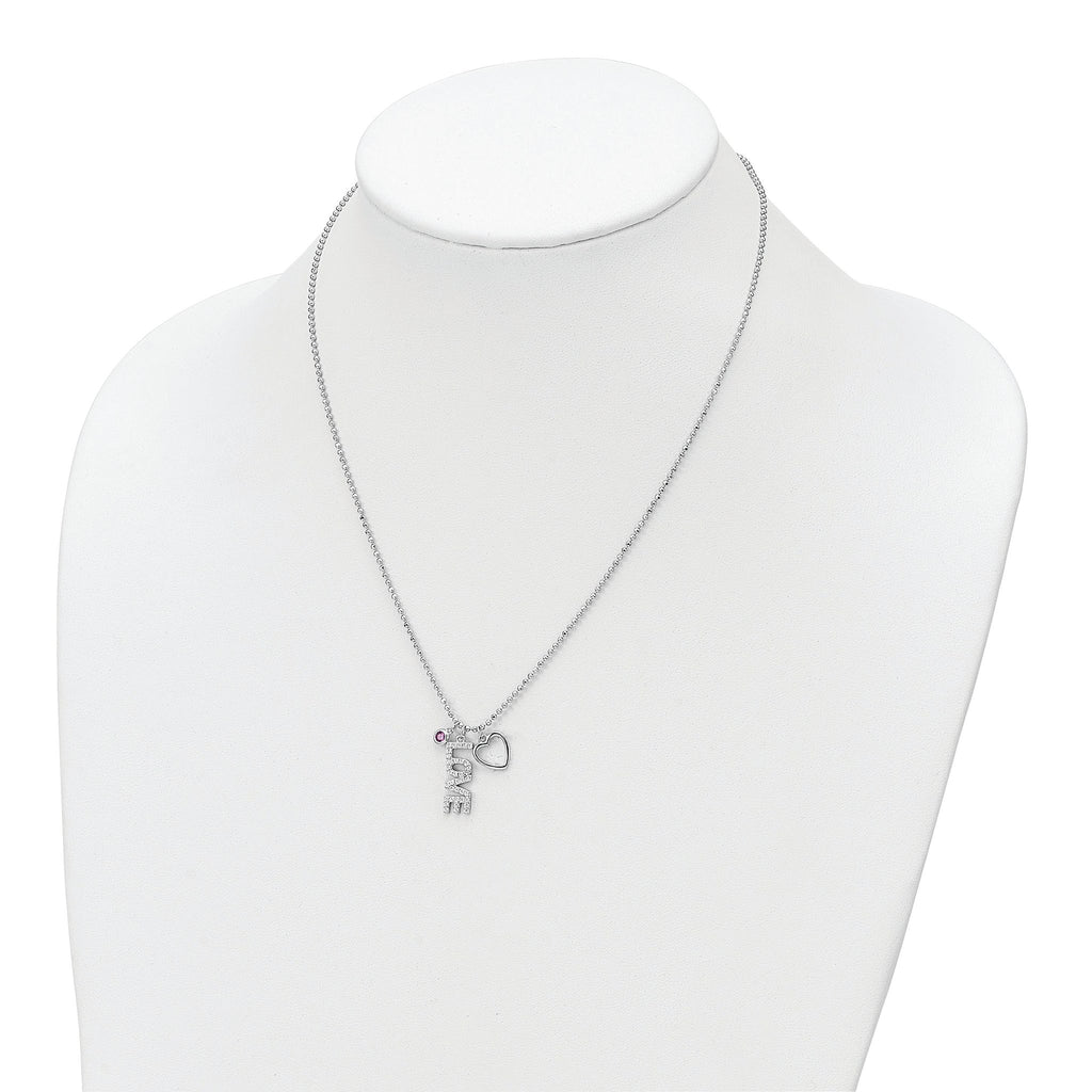 Sterling Silver Rhodium-plated CZ and Heart Diamond Cut Bead Chain Necklace