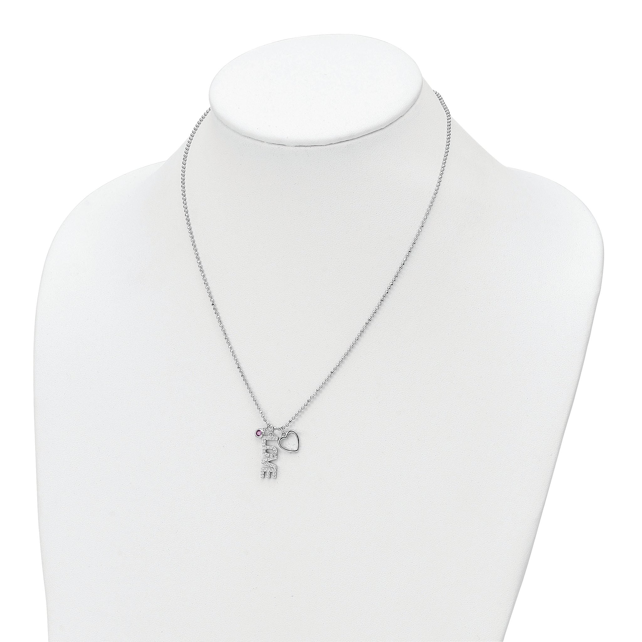 Sterling Silver Rhodium-plated CZ and Heart Diamond Cut Bead Chain Necklace
