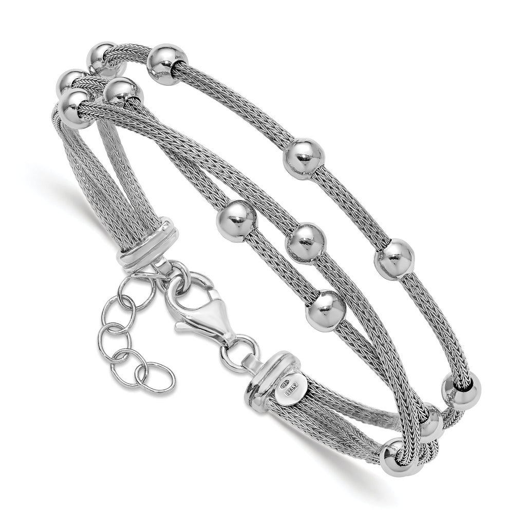 SS RH-plated Polished 3-strand Bead w/1in ext. Bracelet