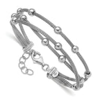 SS RH-plated Polished 3-strand Bead w/1in ext. Bracelet