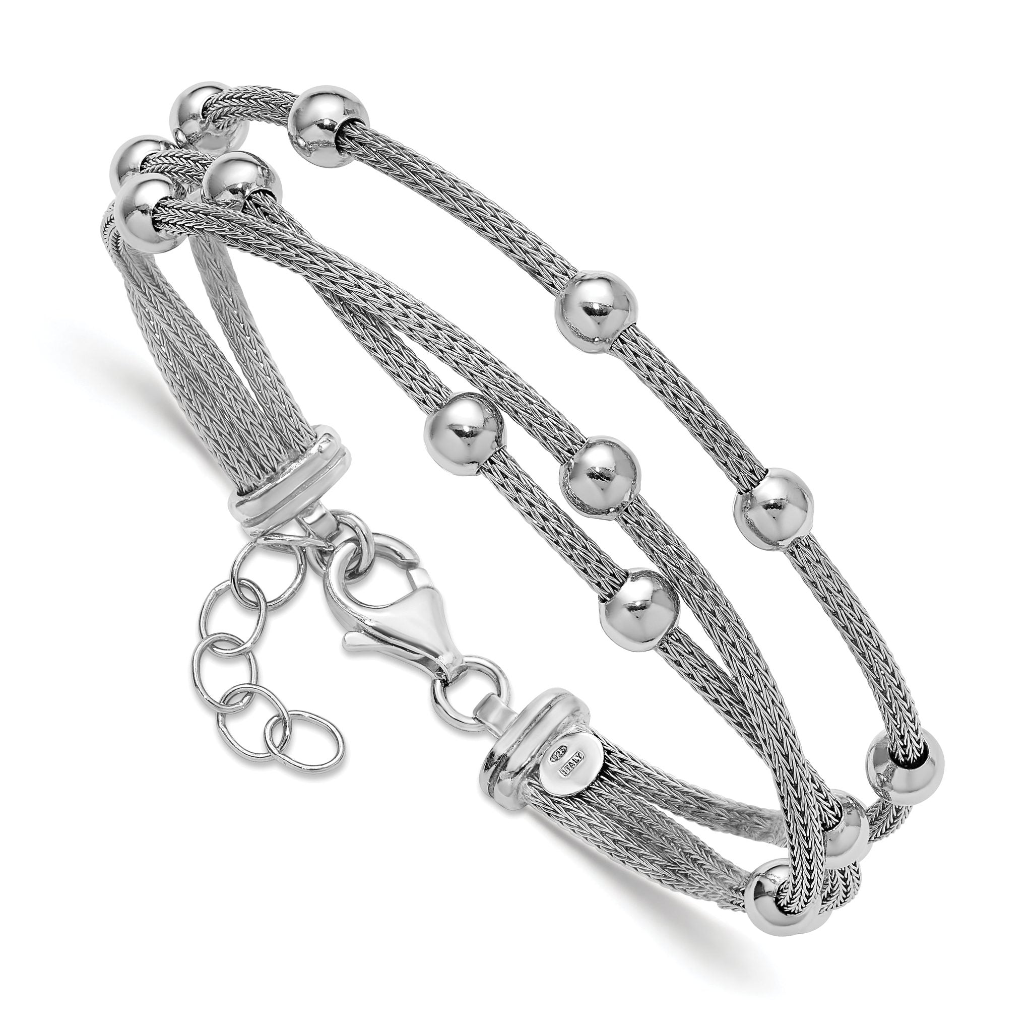 SS RH-plated Polished 3-strand Bead w/1in ext. Bracelet