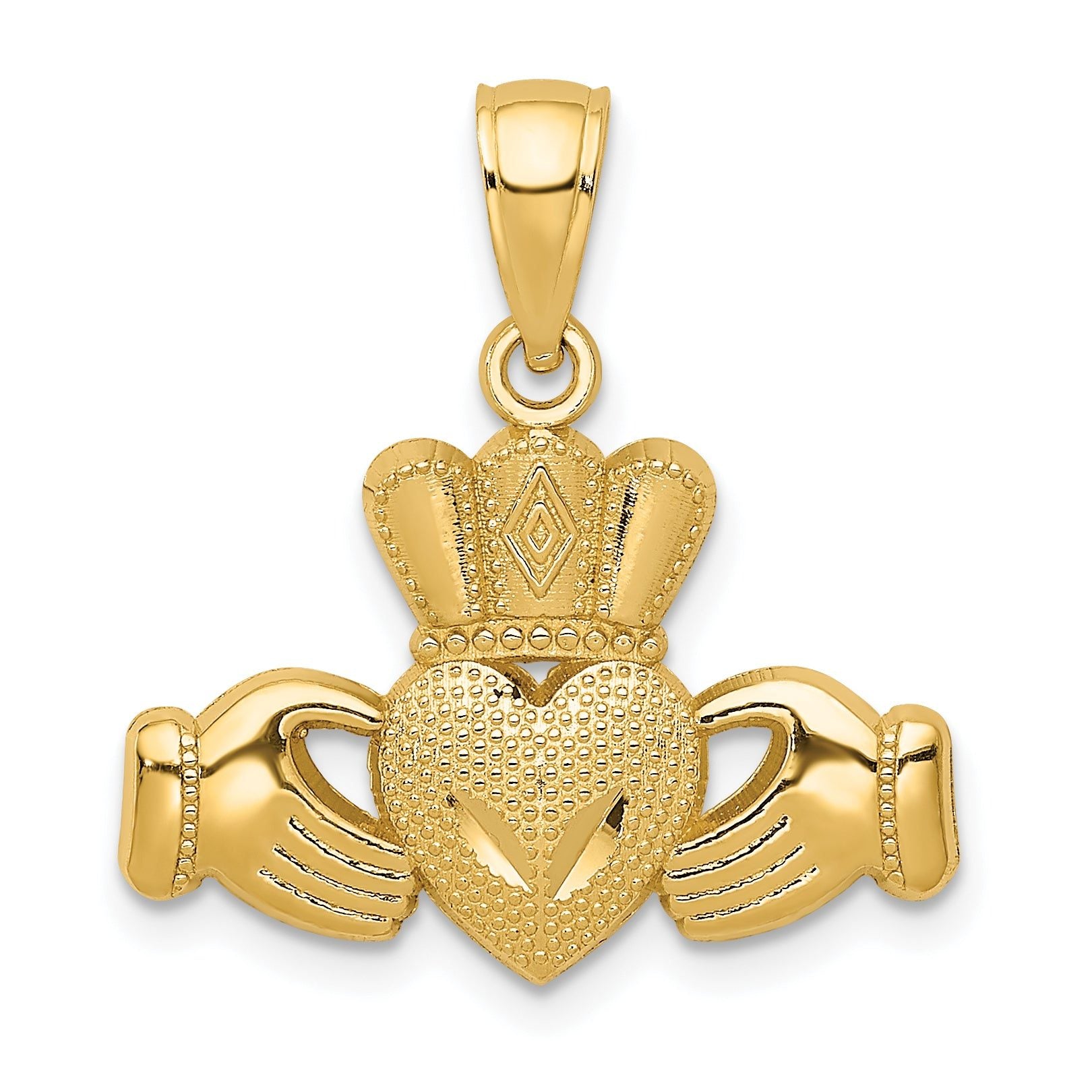 14K Gold Claddagh Pendant with Polished and Textured Finish