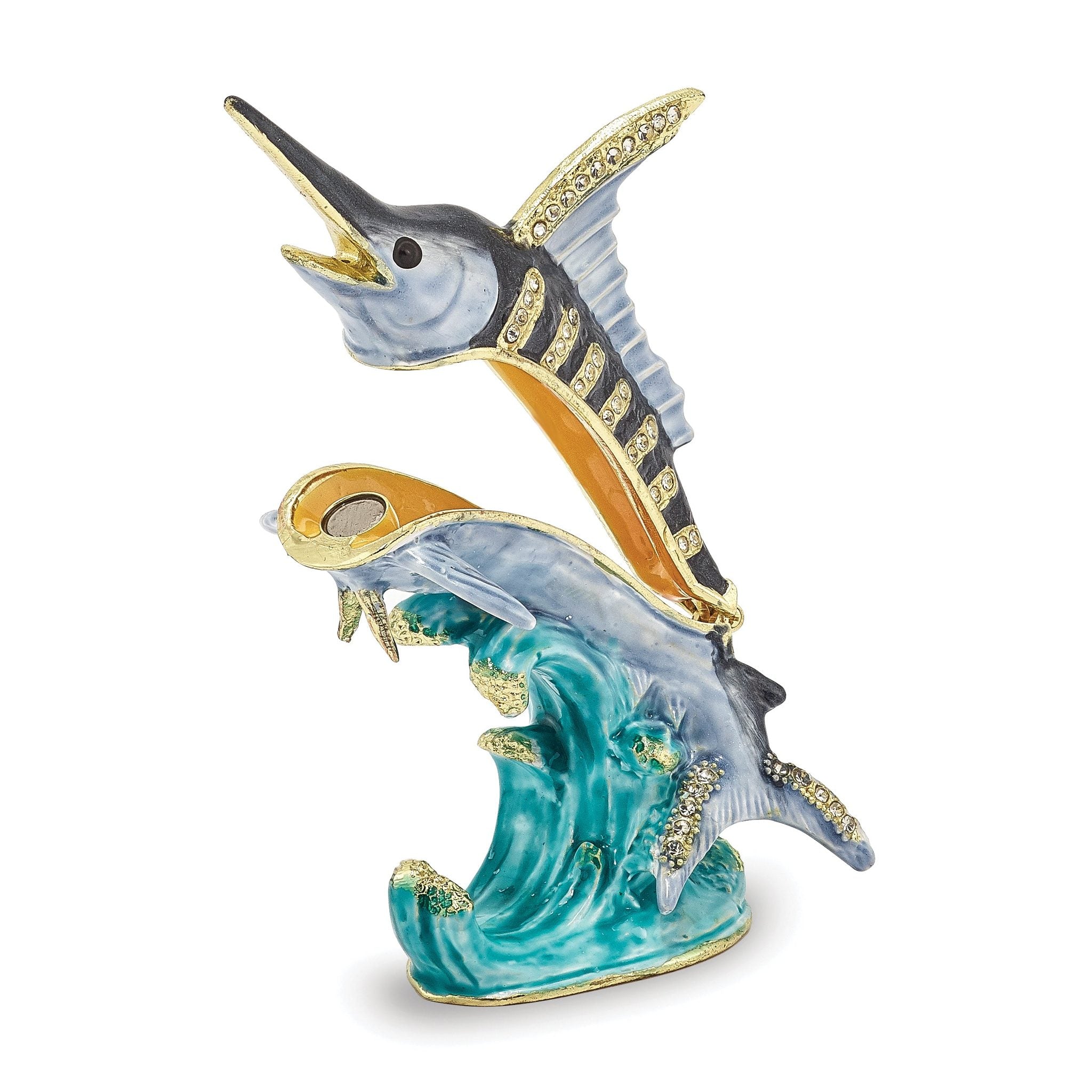 Luxury Giftware Pewter Bejeweled Crystals Gold-tone Enameled SAMMY Swordfish Trinket Box with Matching 18 Inch Necklace Secondary image