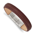 Stainless Steel Polished Brown Leather with . ext Bracelet