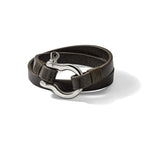 Stainless Steel Polished Shackle Brown Leather Wrap Bracelet for Men