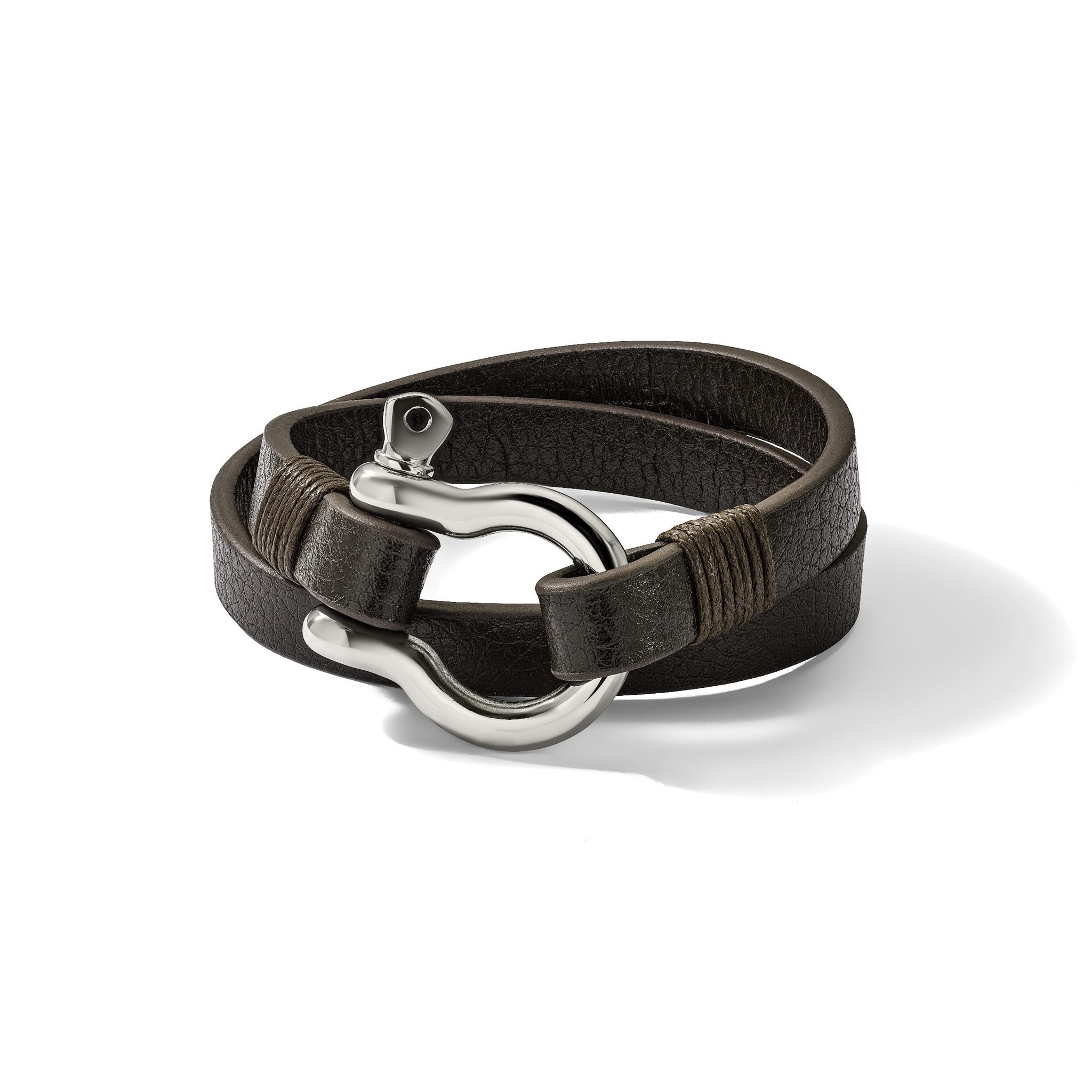 Stainless Steel Polished Shackle Brown Leather Wrap Bracelet for Men