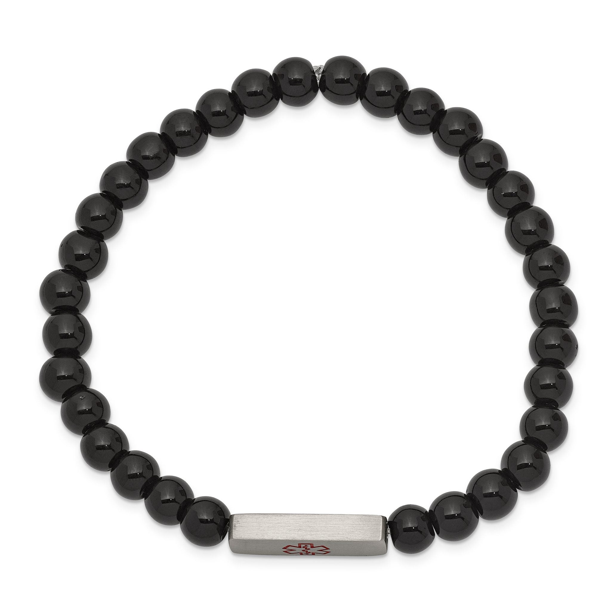 Stainless Steel Brushed with Red Enamel Medical ID 6mm Onyx Beaded Stretch Bracelet Secondary image