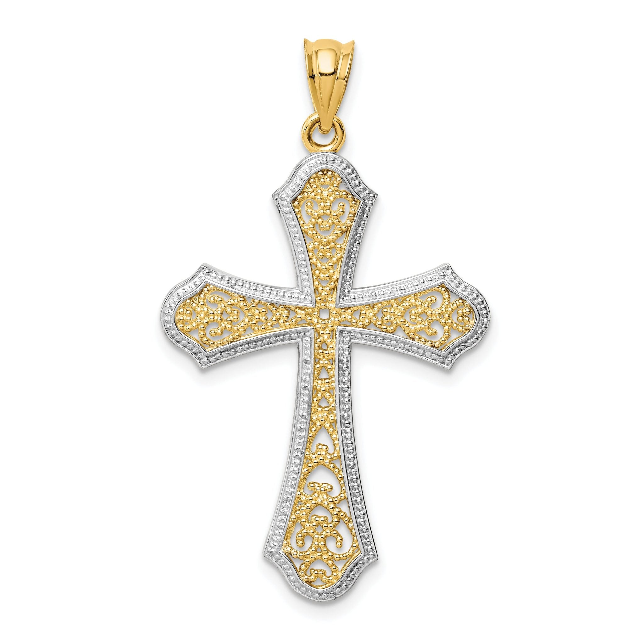 14K Gold Filigree Cross Pendant with Rhodium Accent  Elegant and Timeless Main image