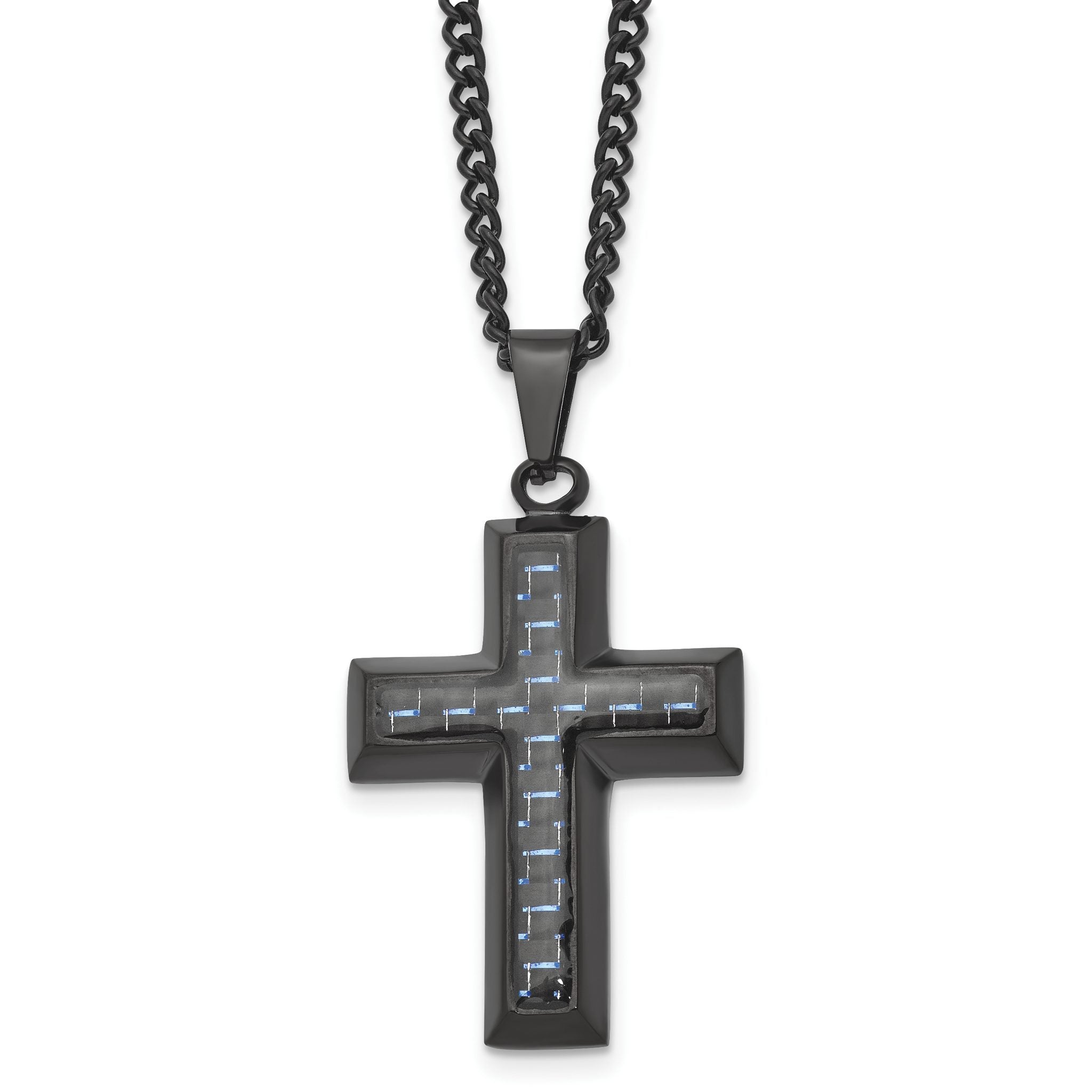 Chisel Stainless Steel Polished Black IP-plated with Blue Carbon Fiber Inlay Cross Pendant on a 24 inch Curb Chain Necklace Main image