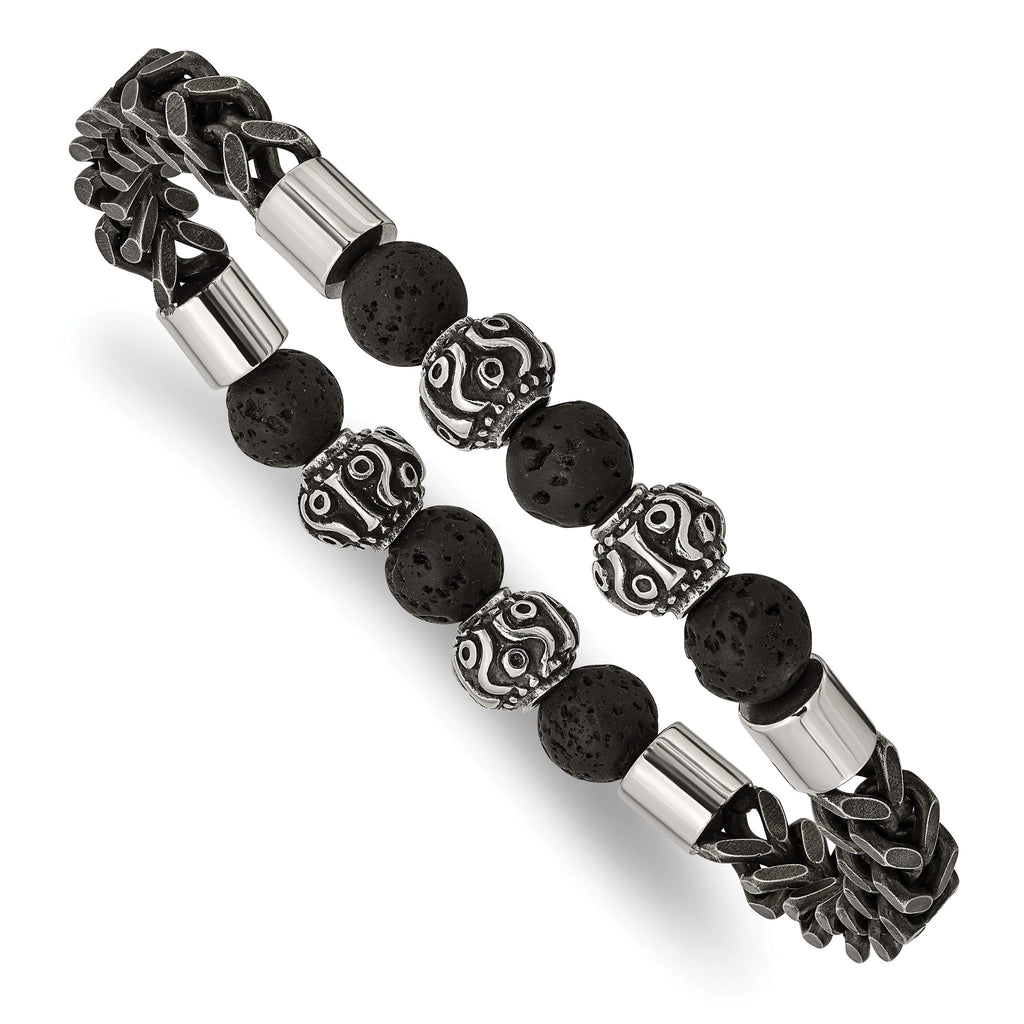 Stainless Steel Antiqued and Polished Black IP-plated Chain 8mm Lava Stone Beaded Stretch Bracelet