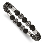 Stainless Steel Antiqued and Polished Black IP-plated Chain 8mm Lava Stone Beaded Stretch Bracelet