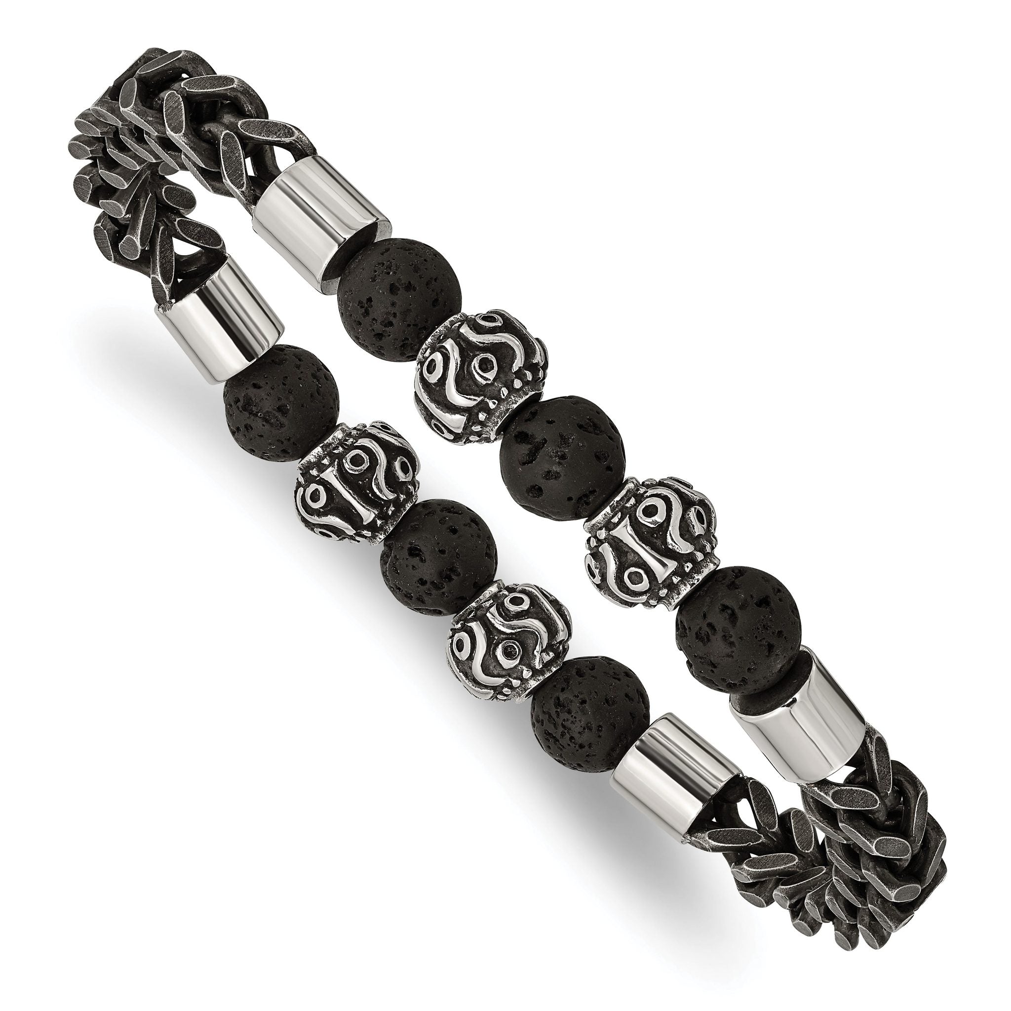 Stainless Steel Antiqued and Polished Black IP-plated Chain 8mm Lava Stone Beaded Stretch Bracelet