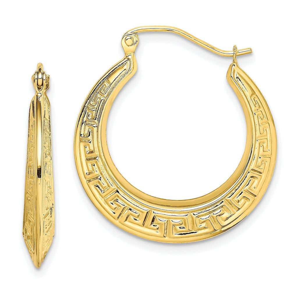10K Yellow Gold Greek Key Hoop Earrings with Polished Finish and Secure Closure