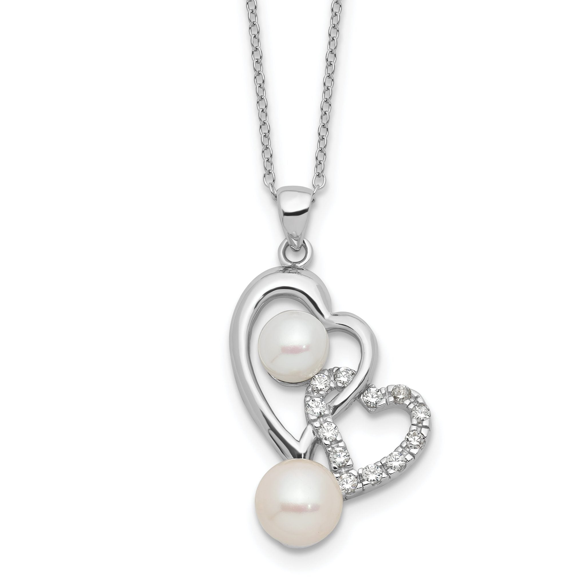Sterling Silver Rhodium-Rhodium-Plated 6-7.5mm White Button Freshwater Cultured Pearl and CZ Double Heart 17 inch Necklace Main image