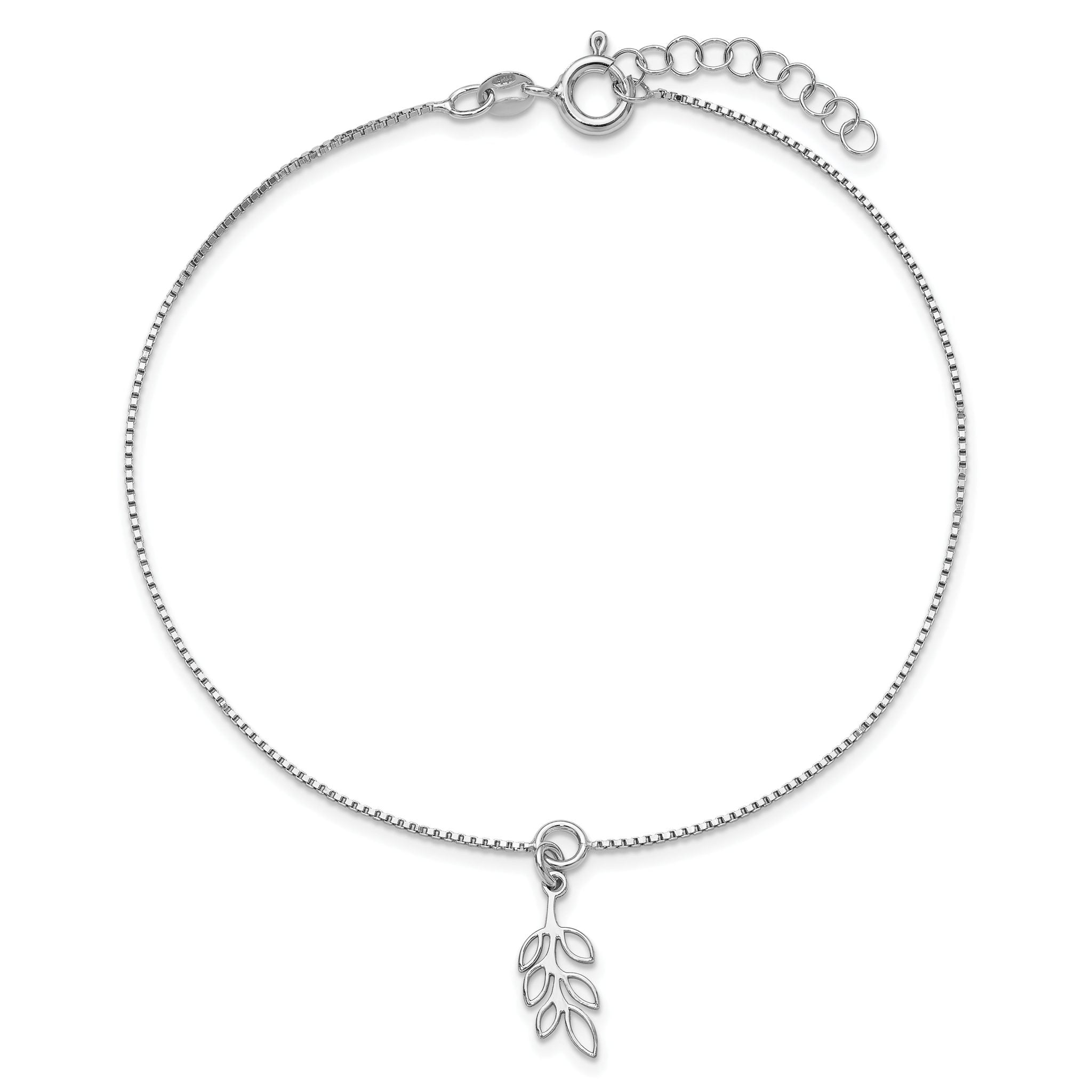Sterling Silver Rhodium-plated Leaf Charm 9 inch Plus 1 inch Extender - Total 10 inch Anklet