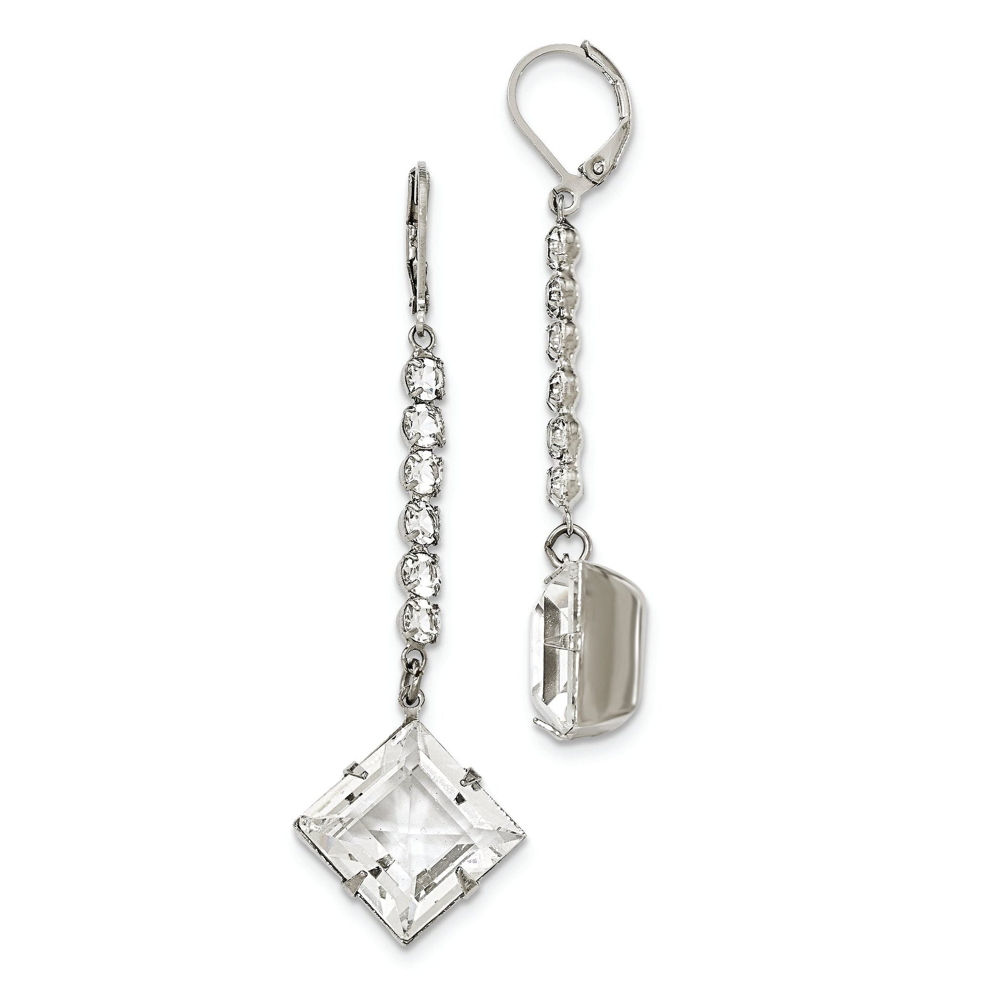 1928 Silver-tone White Crystal Leverback Dangle Earrings Main image