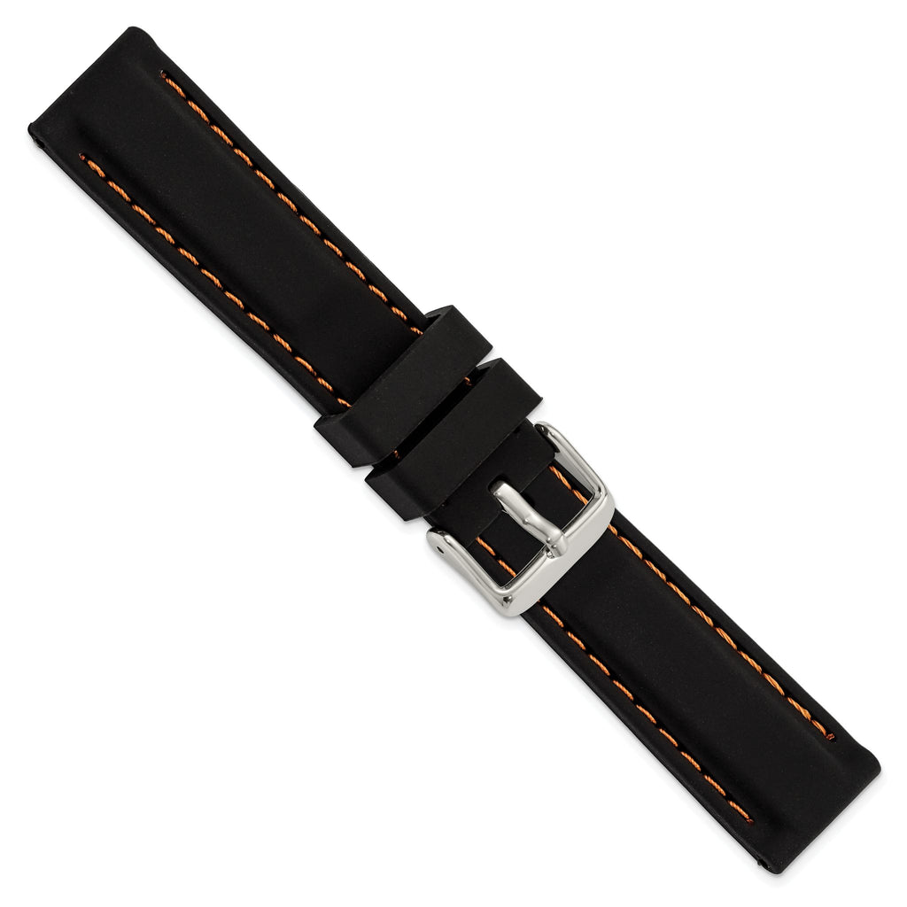Smooth Silicone Watch Band in Black with Orange Stitching, 20mm